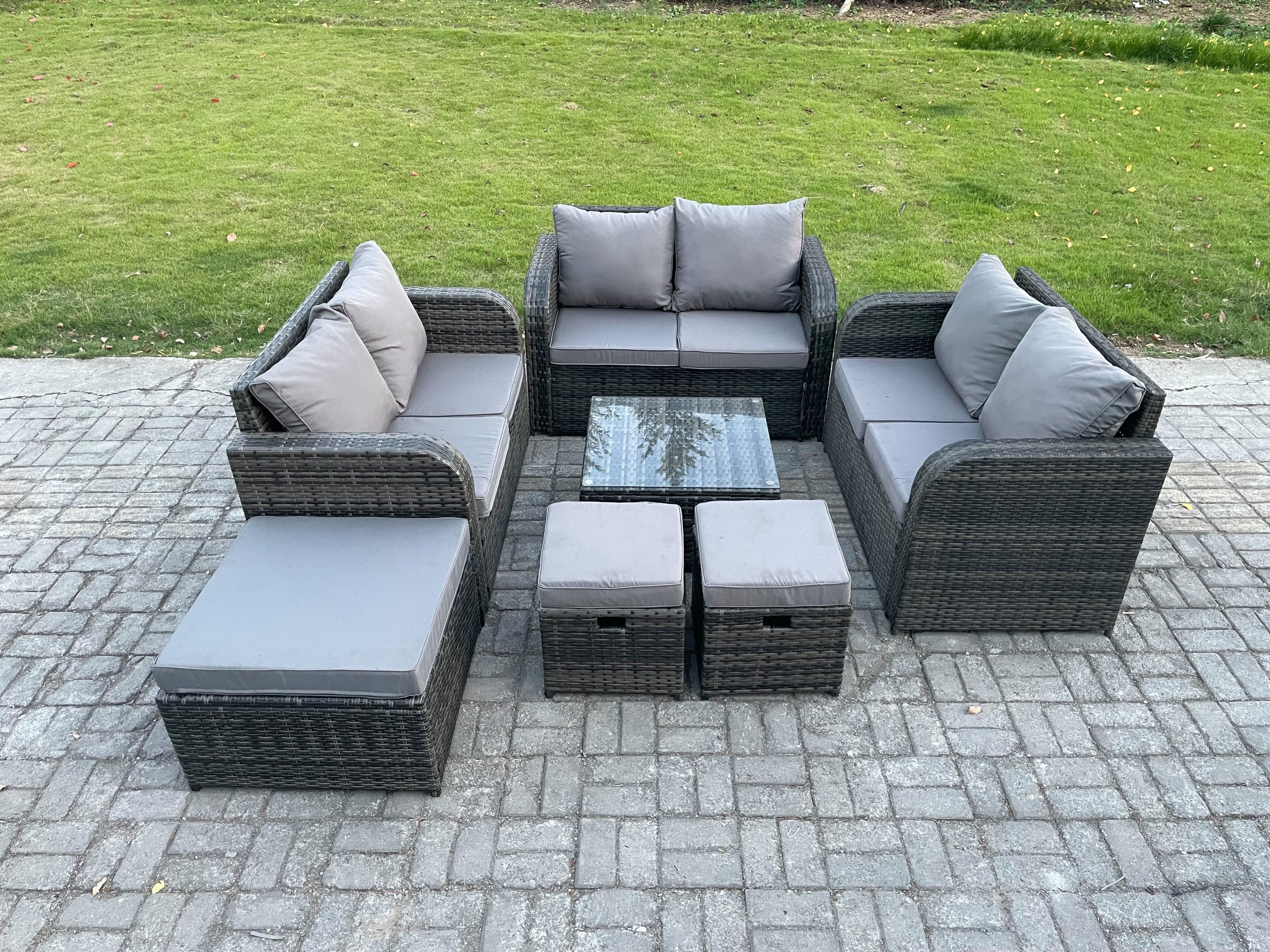 9 Seater Outdoor Garden Furniture Sets Wicker Rattan Furniture Sofa Sets Square Coffee Table Love seat Sofa 3 Footstools
