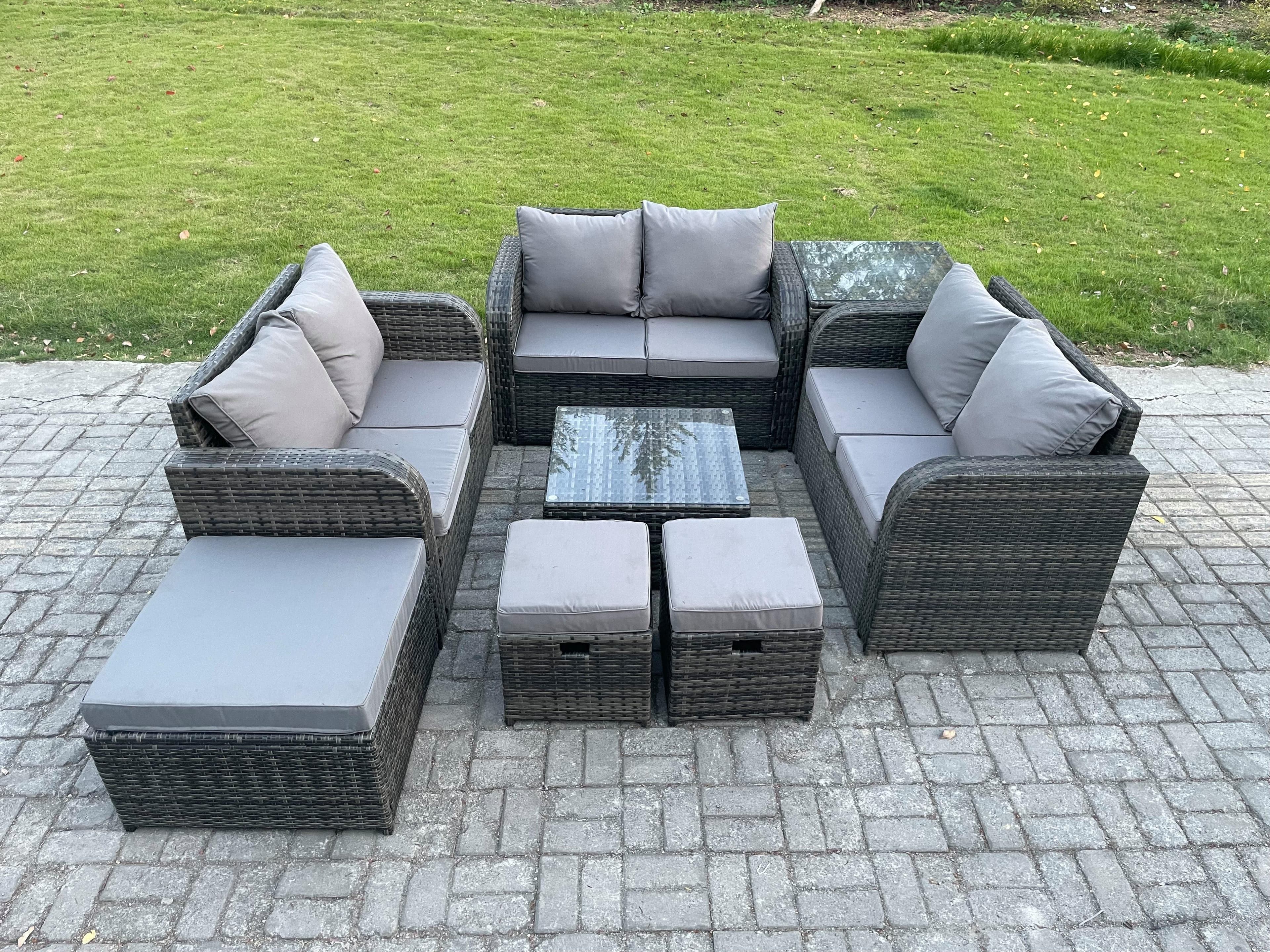 9 Seater Outdoor Garden Furniture Sets Wicker Rattan Furniture Sofa Sets Square Coffee Table Love seat Sofa 3 Footstools Side Table