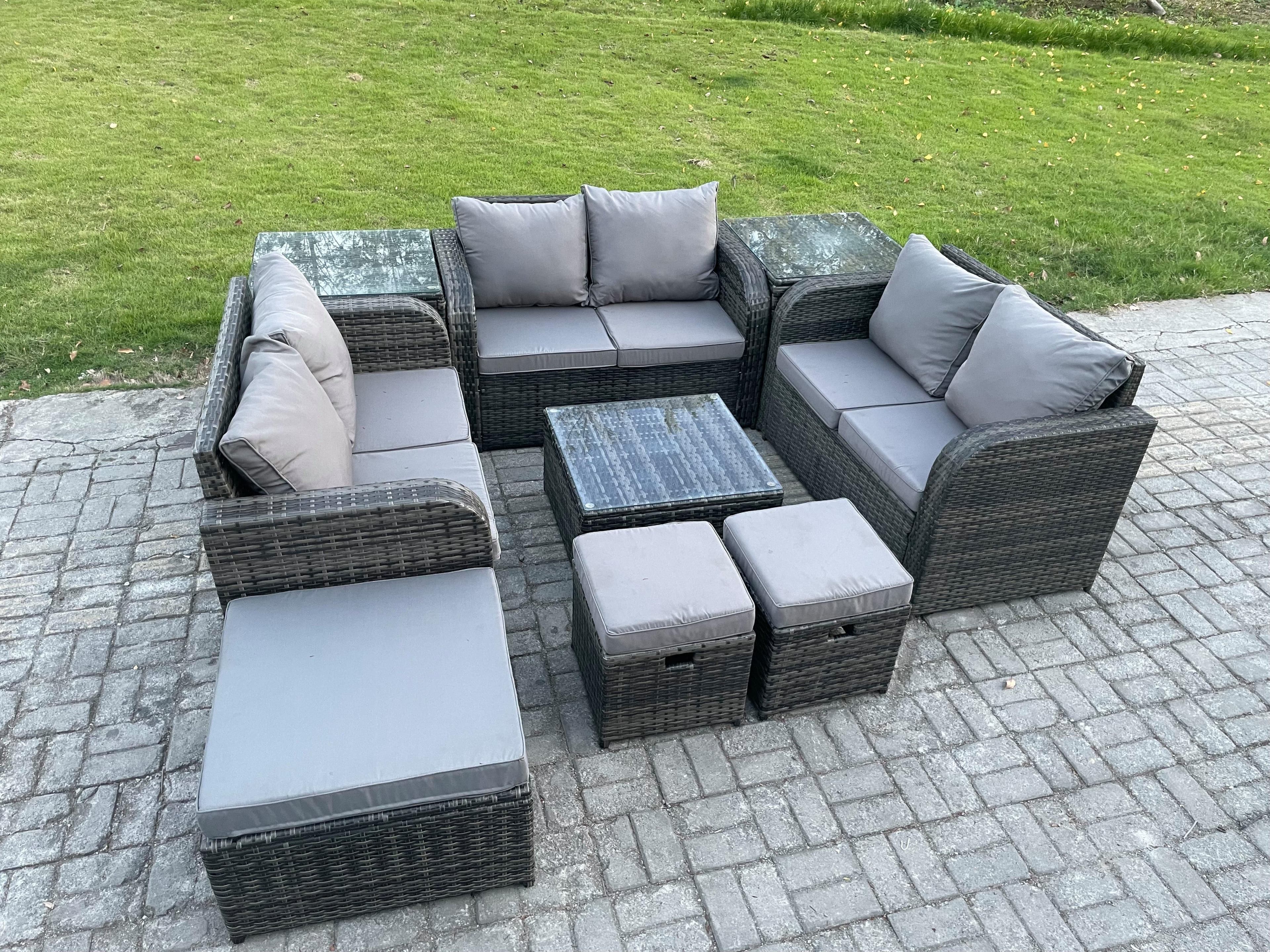 9 Seater Outdoor Garden Furniture Sets Wicker Rattan Furniture Sofa Sets Square Coffee Table Love seat Sofa 3 Footstools 2 Side Tables