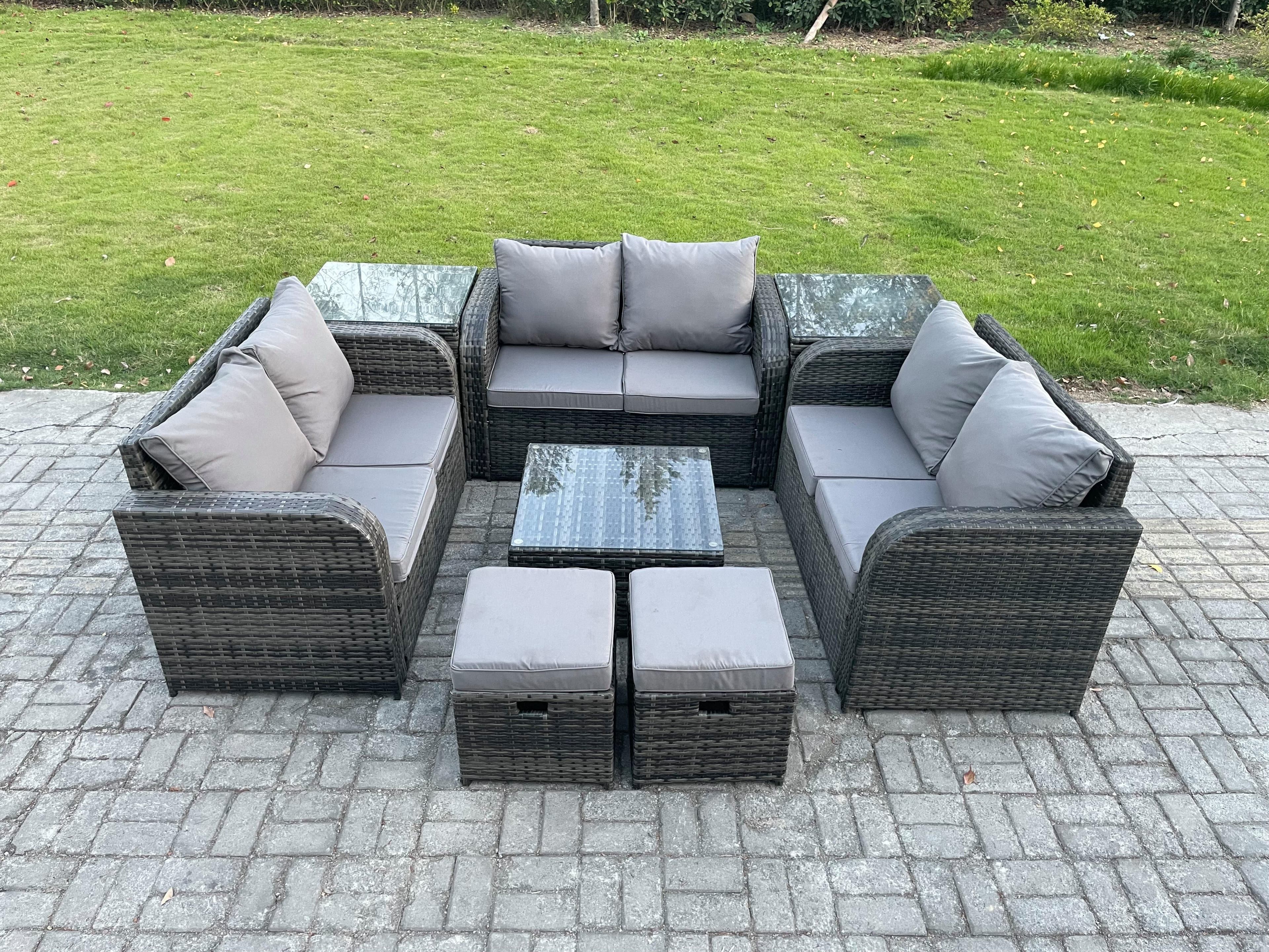 8 Seater Outdoor Garden Furniture Sets Wicker Rattan Furniture Sofa Sets Square Coffee Table Love seat Sofa 2 Small Footstools Side Tables