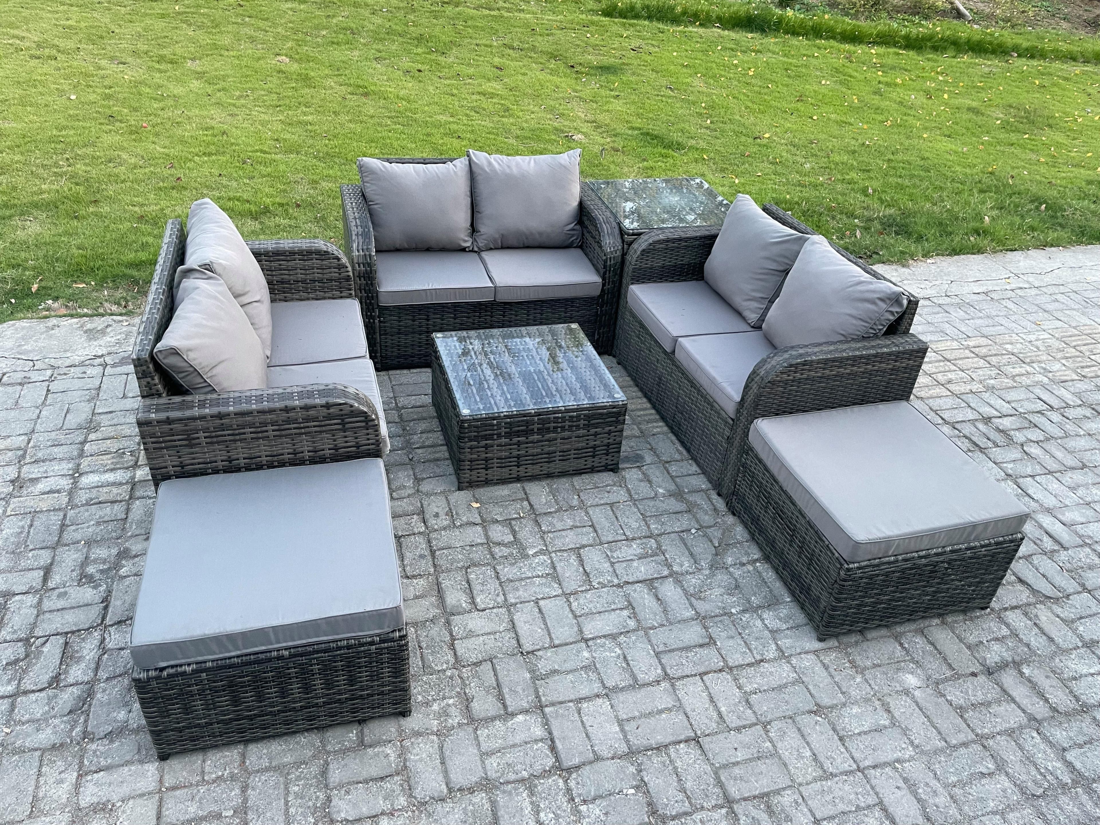 8 Seater Outdoor Garden Furniture Sets Wicker Rattan Furniture Sofa Sets Square Coffee Table Love seat Sofa 2 Big Footstool Side Table