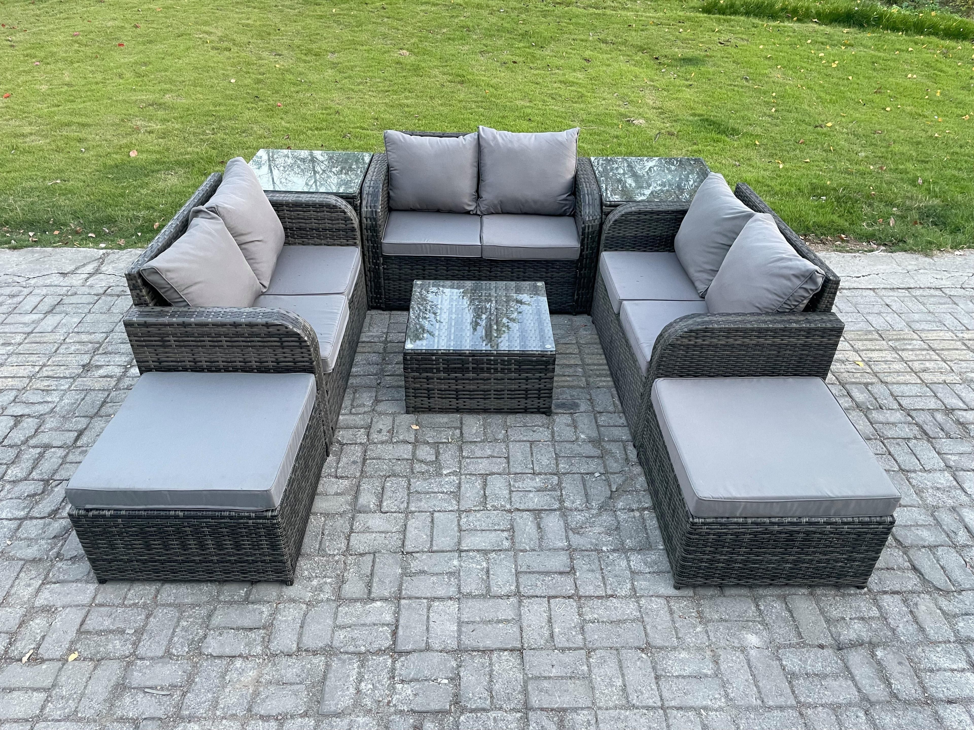 8 Seater Outdoor Garden Furniture Sets Wicker Rattan Furniture Sofa Sets Square Coffee Table Love seat Sofa 2 Big Footstool