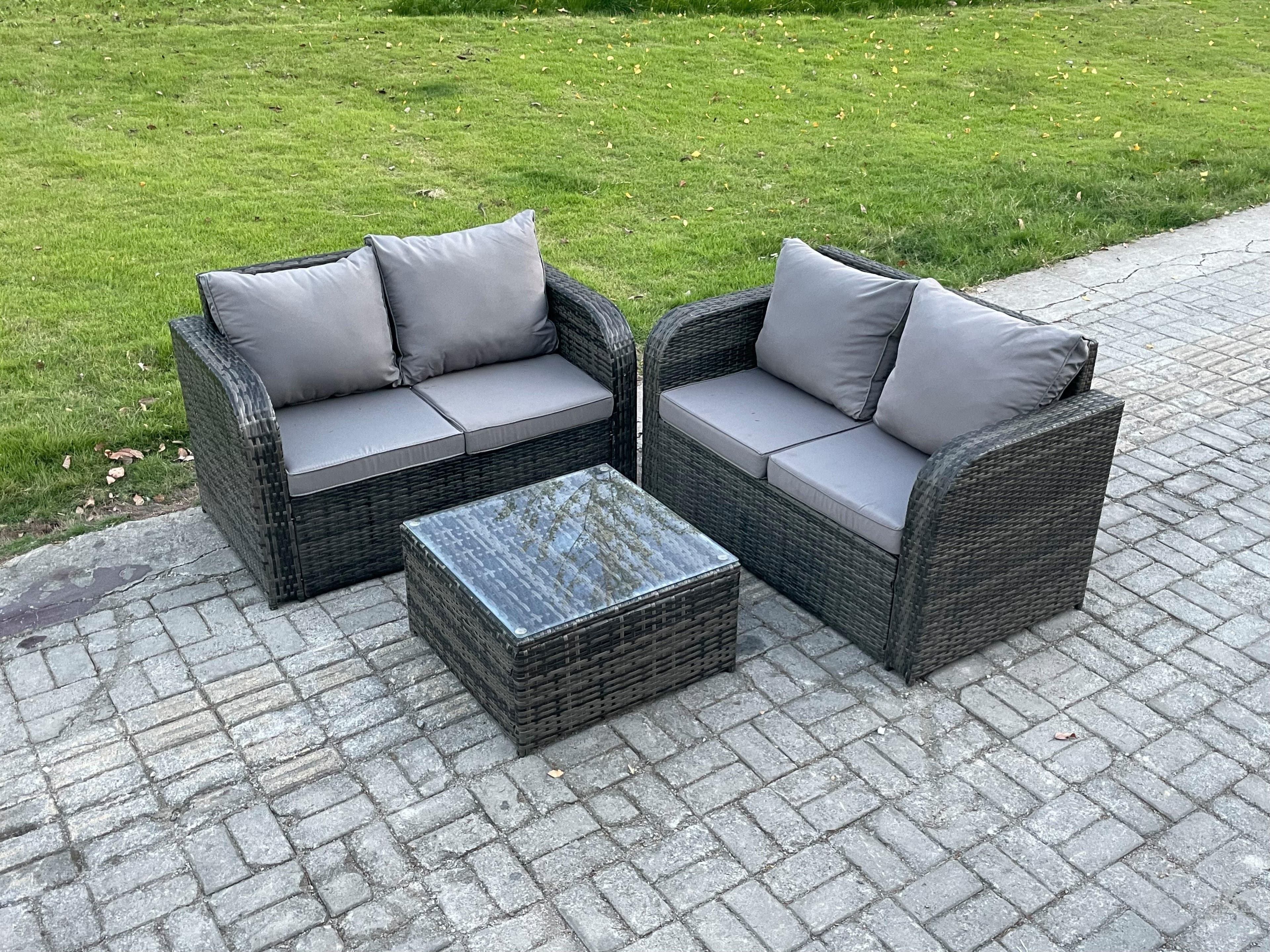 Rattan Sofa Set Outdoor Garden Furniture Set Square Coffee Table Loveseat Sofa Dark Grey Mixed