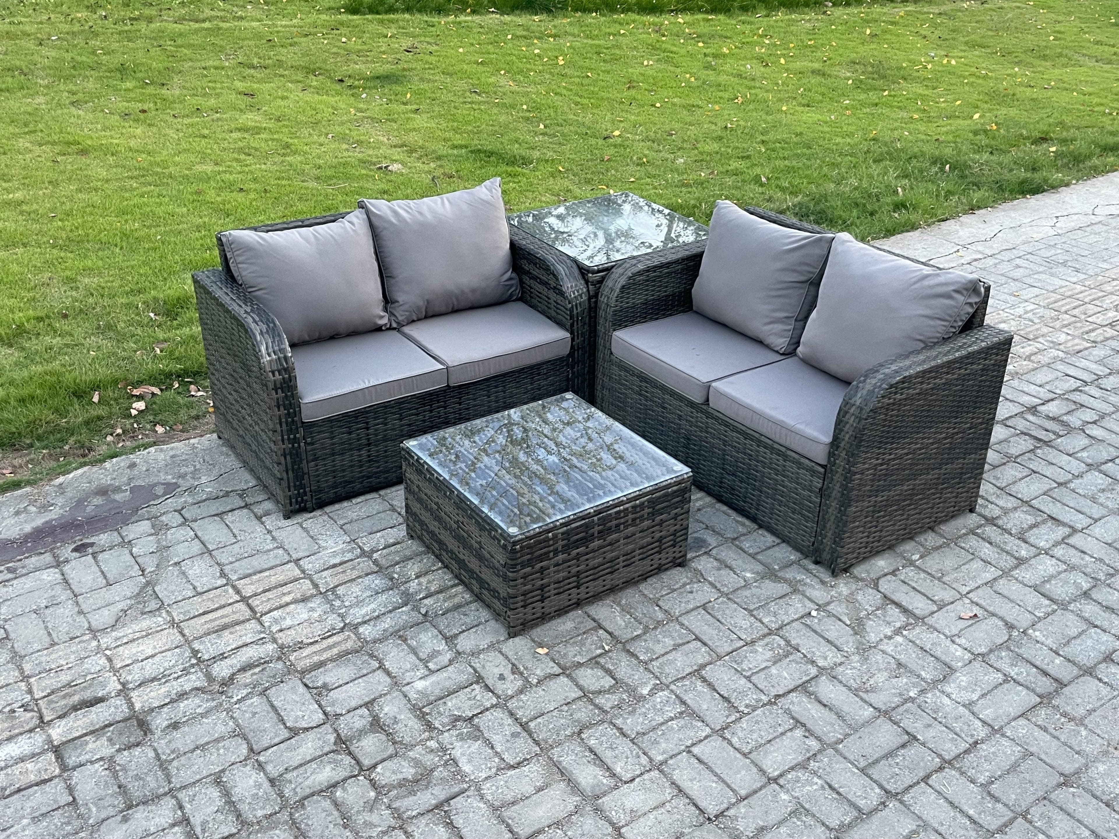 Rattan Sofa Set Outdoor Garden Furniture Set Square Coffee Table Loveseat Sofa Side Table Dark Grey Mixed