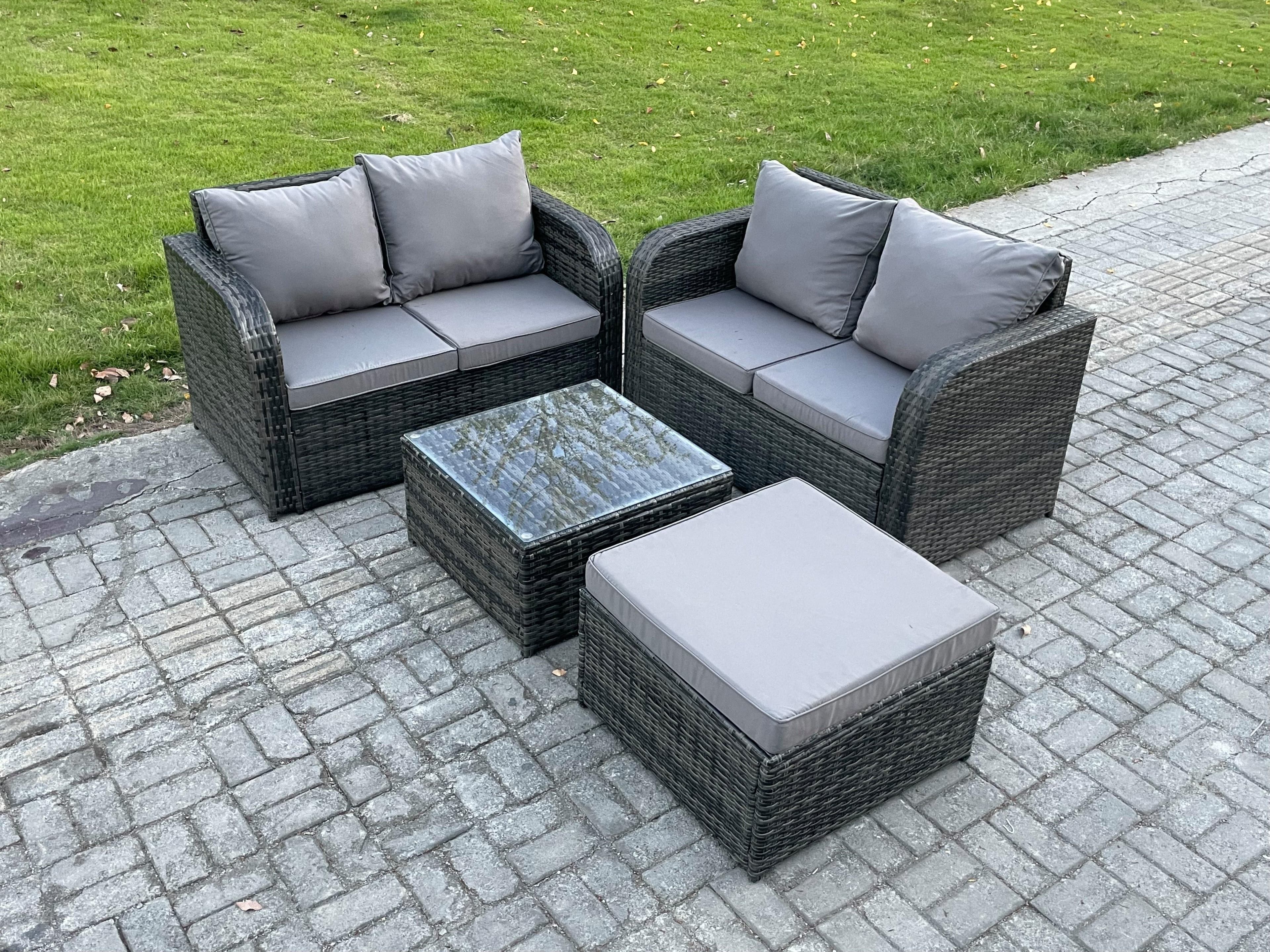 Rattan Sofa Set Outdoor Garden Furniture Set Square Coffee Table Loveseat Sofa Big Footstool Dark Grey Mixed