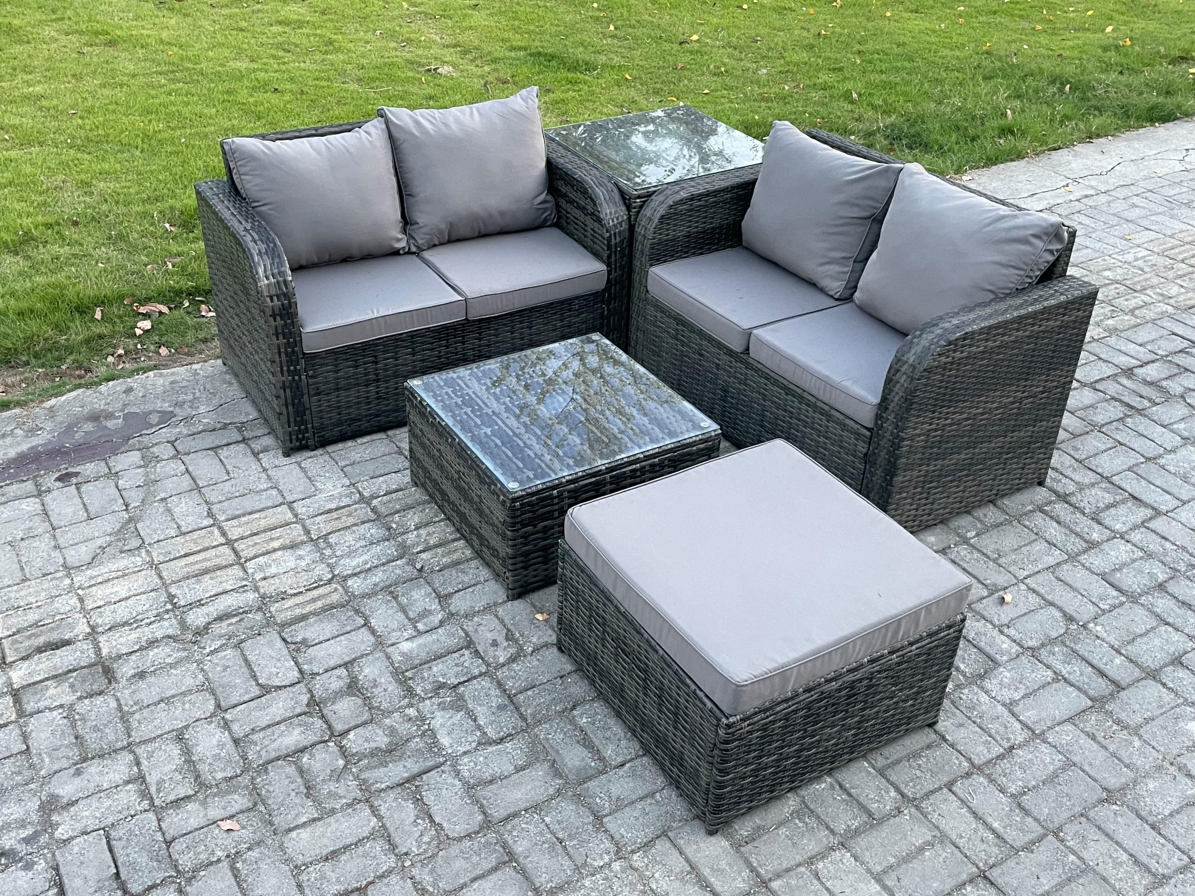Rattan Sofa Set Outdoor Garden Furniture Set Square Coffee Table Loveseat Sofa Big Footstool Side Table Dark Grey Mixed