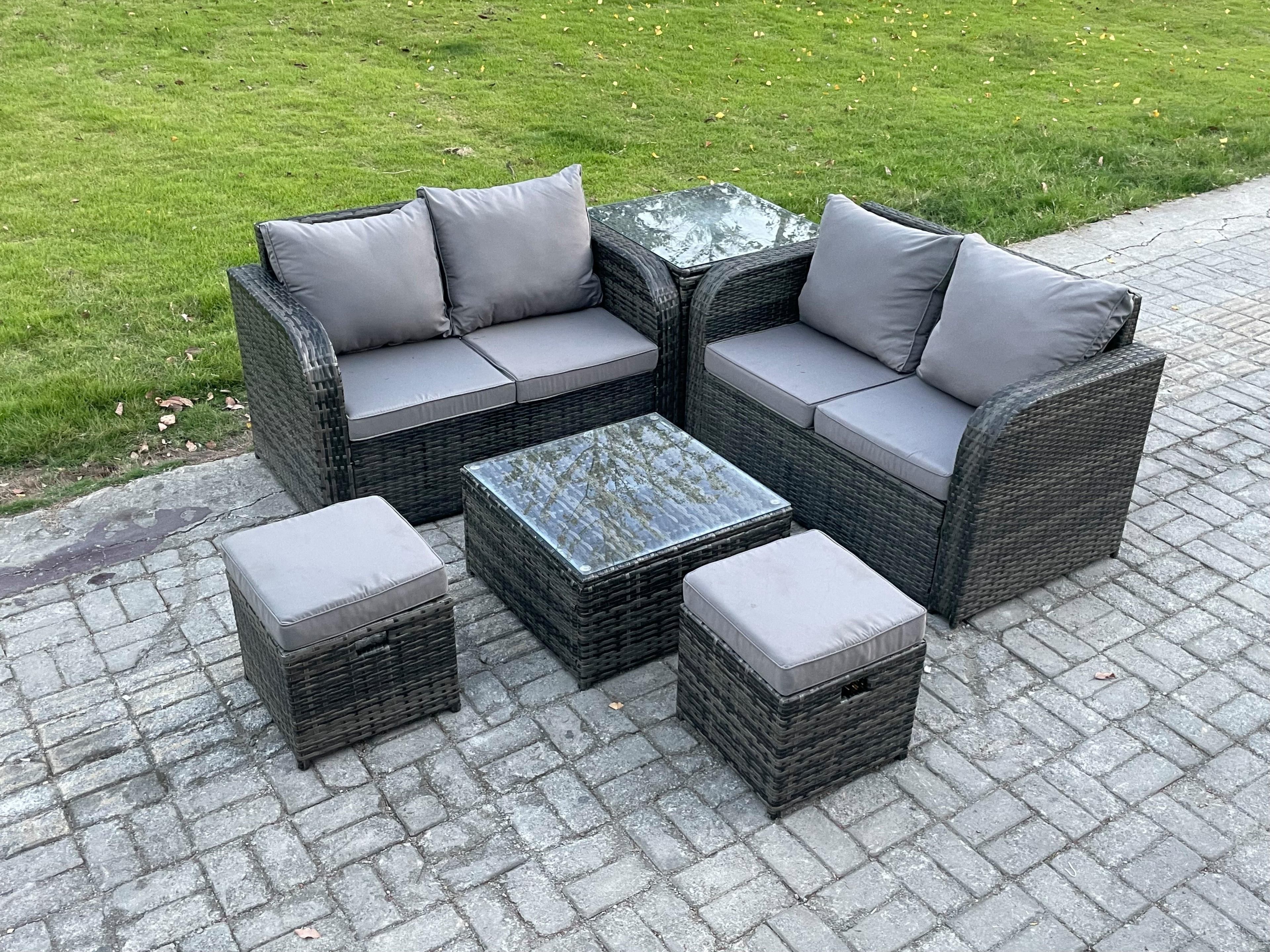 Rattan Sofa Set Outdoor Garden Furniture Set Square Coffee Table Loveseat Sofa 2 Small Footstool Side Table Dark Grey Mixed