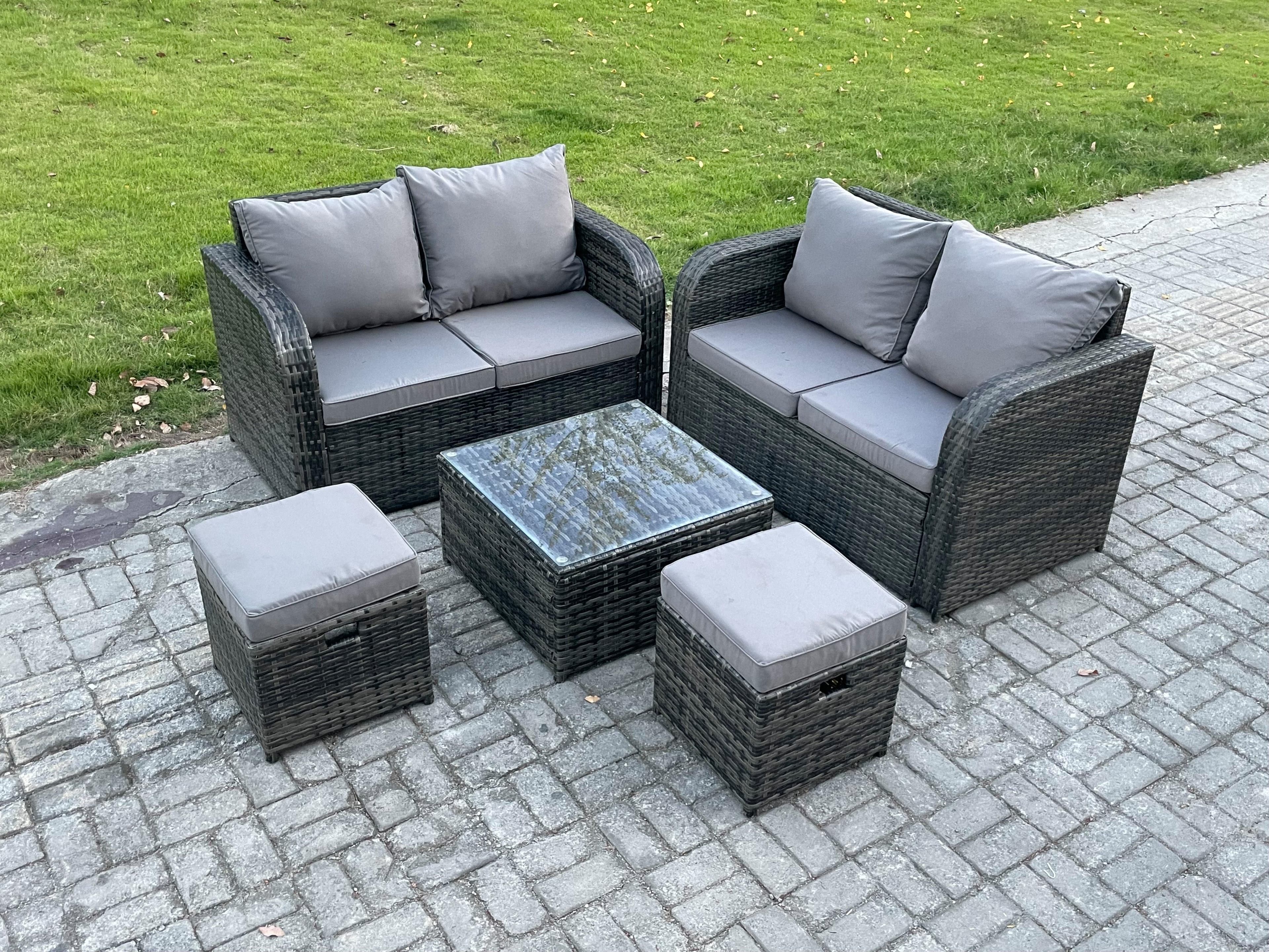 Rattan Sofa Set Outdoor Garden Furniture Set Square Coffee Table Loveseat Sofa 2 Small Footstool Dark Grey Mixed