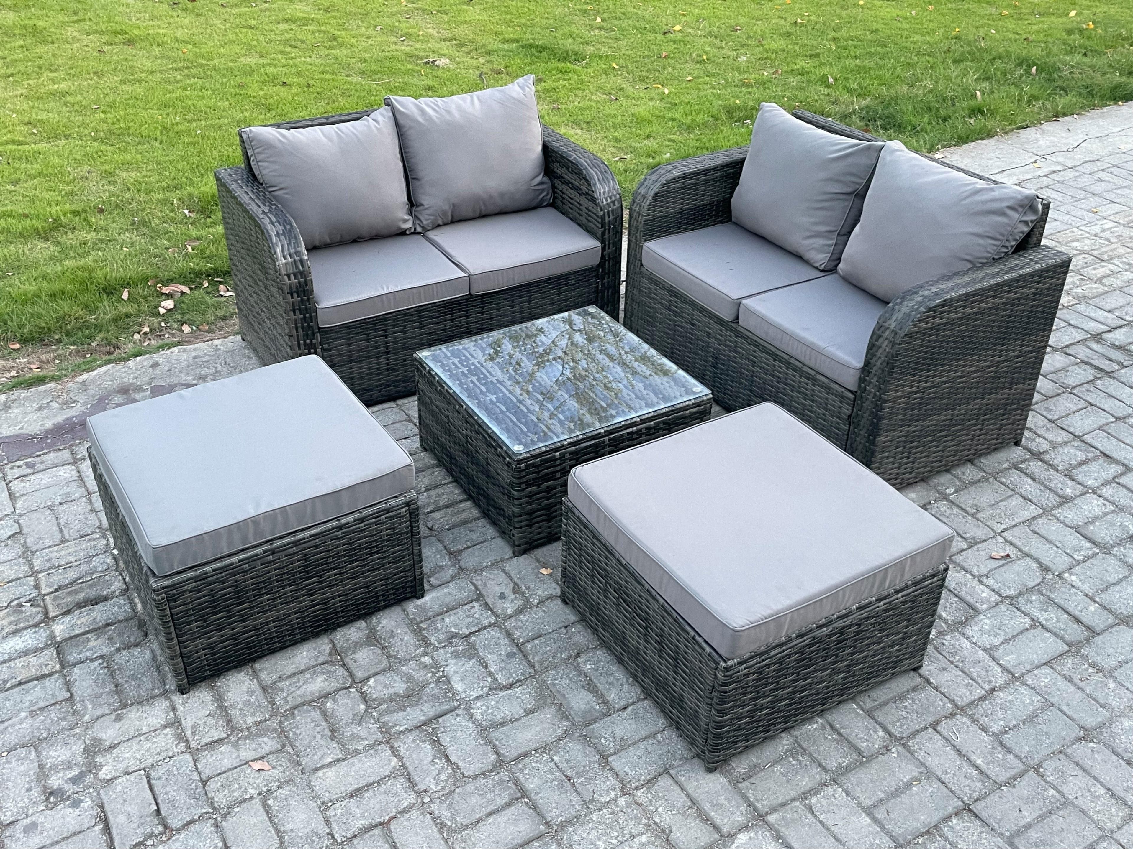 Rattan Sofa Set Outdoor Garden Furniture Set Square Coffee Table Loveseat Sofa 2 Big Footstool Dark Grey Mixed