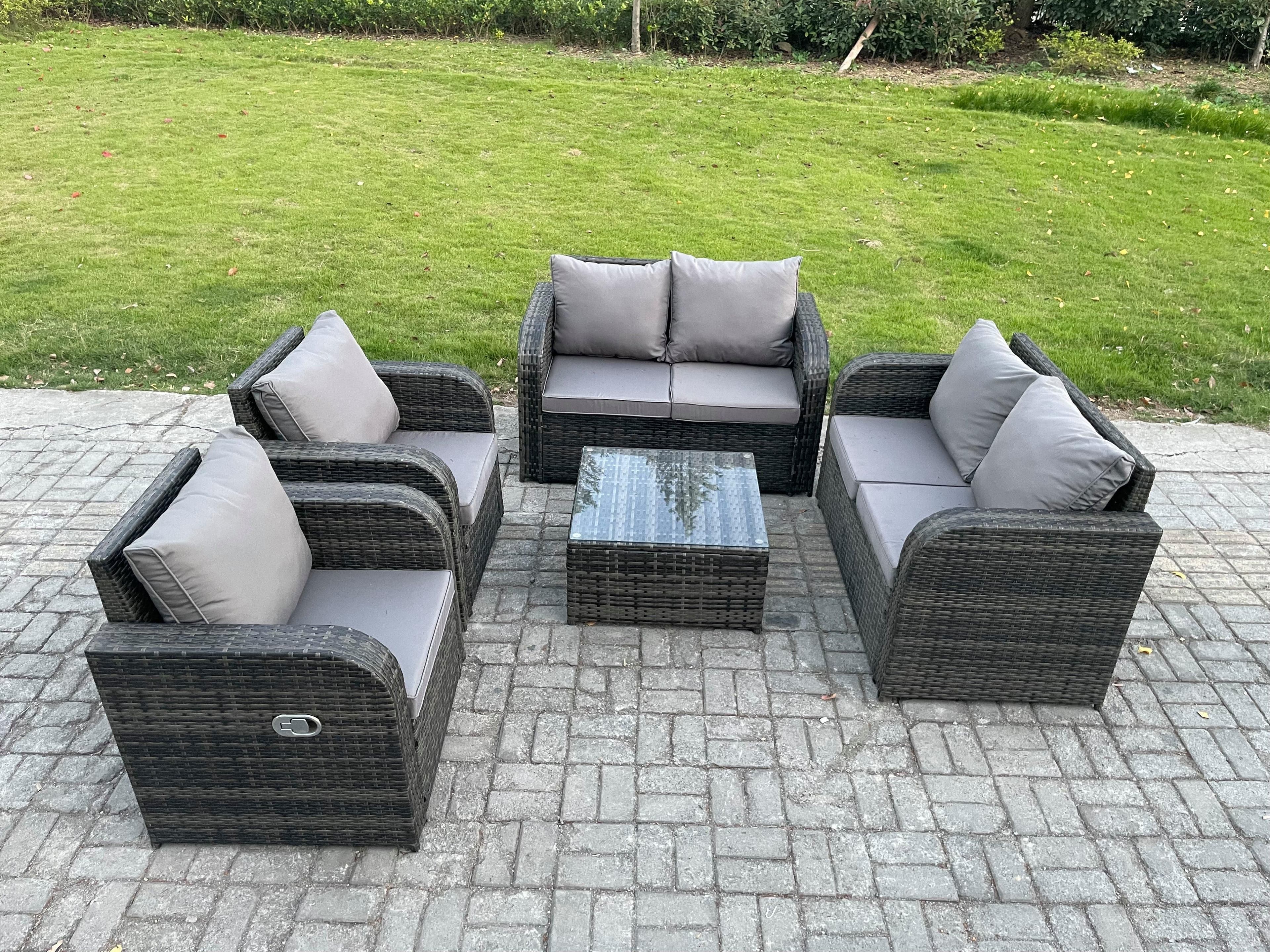 6 Seater Rattan Sofa Set Outdoor Garden Furniture Set Square Coffee Table Loveseat Sofa Reclining Chairs Dark Grey Mixed