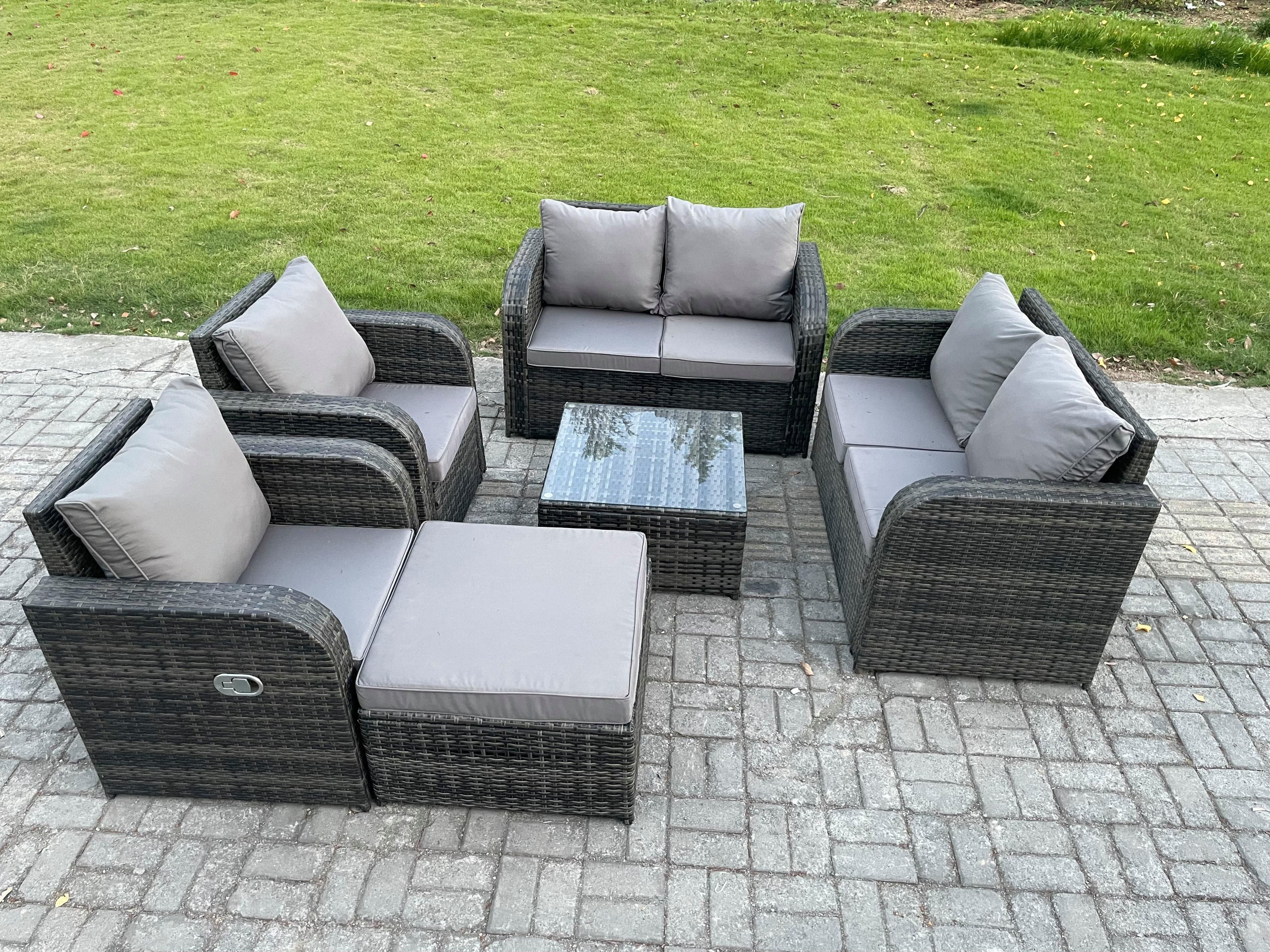 7 Seater Rattan Sofa Set Outdoor Garden Furniture Set Square Coffee Table Loveseat Sofa Reclining Chairs Big Footstool