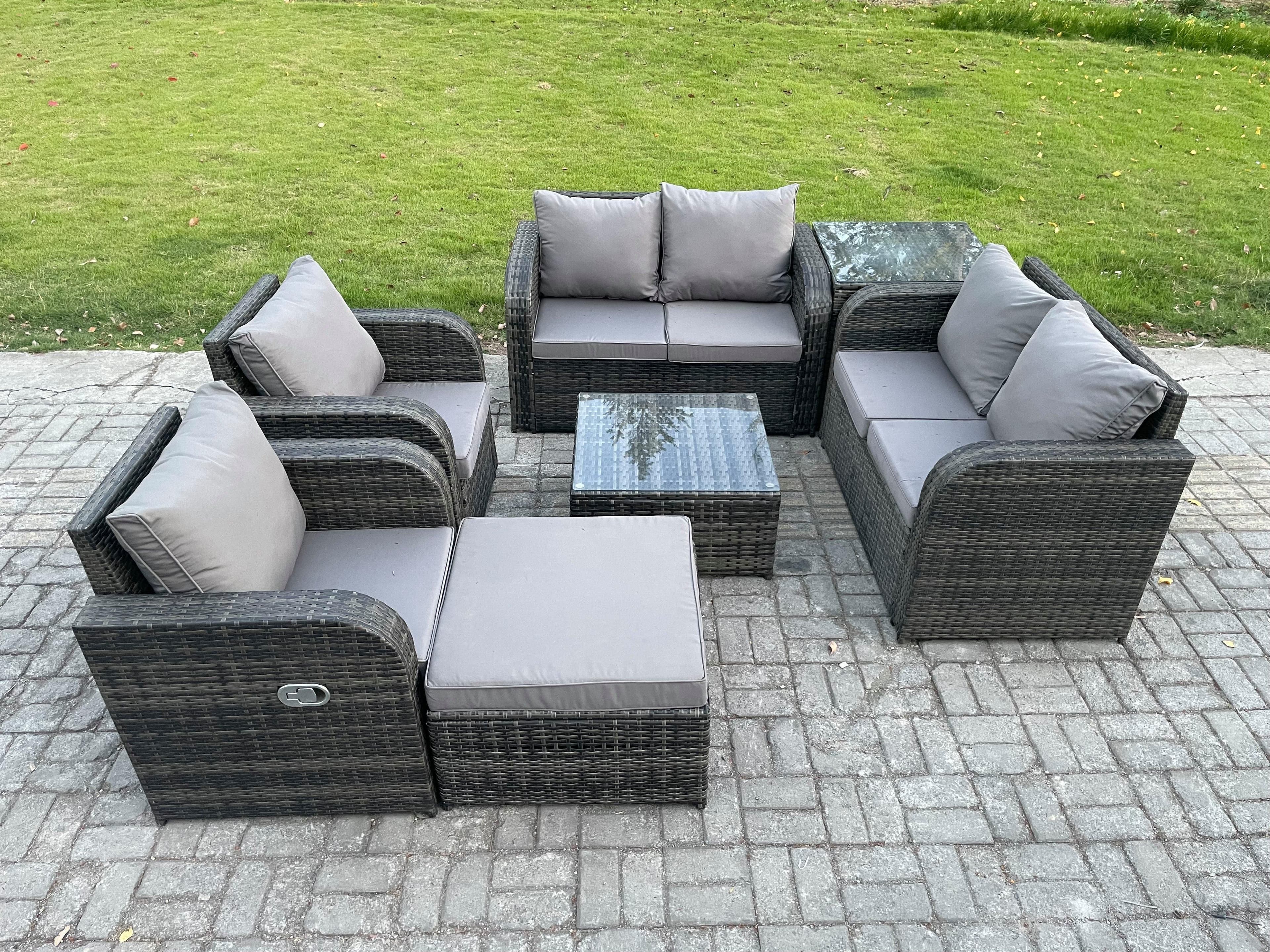7 Seater Rattan Sofa Set Outdoor Garden Furniture Set Square Coffee Table Loveseat Sofa Reclining Chairs Side Table Big Footstool
