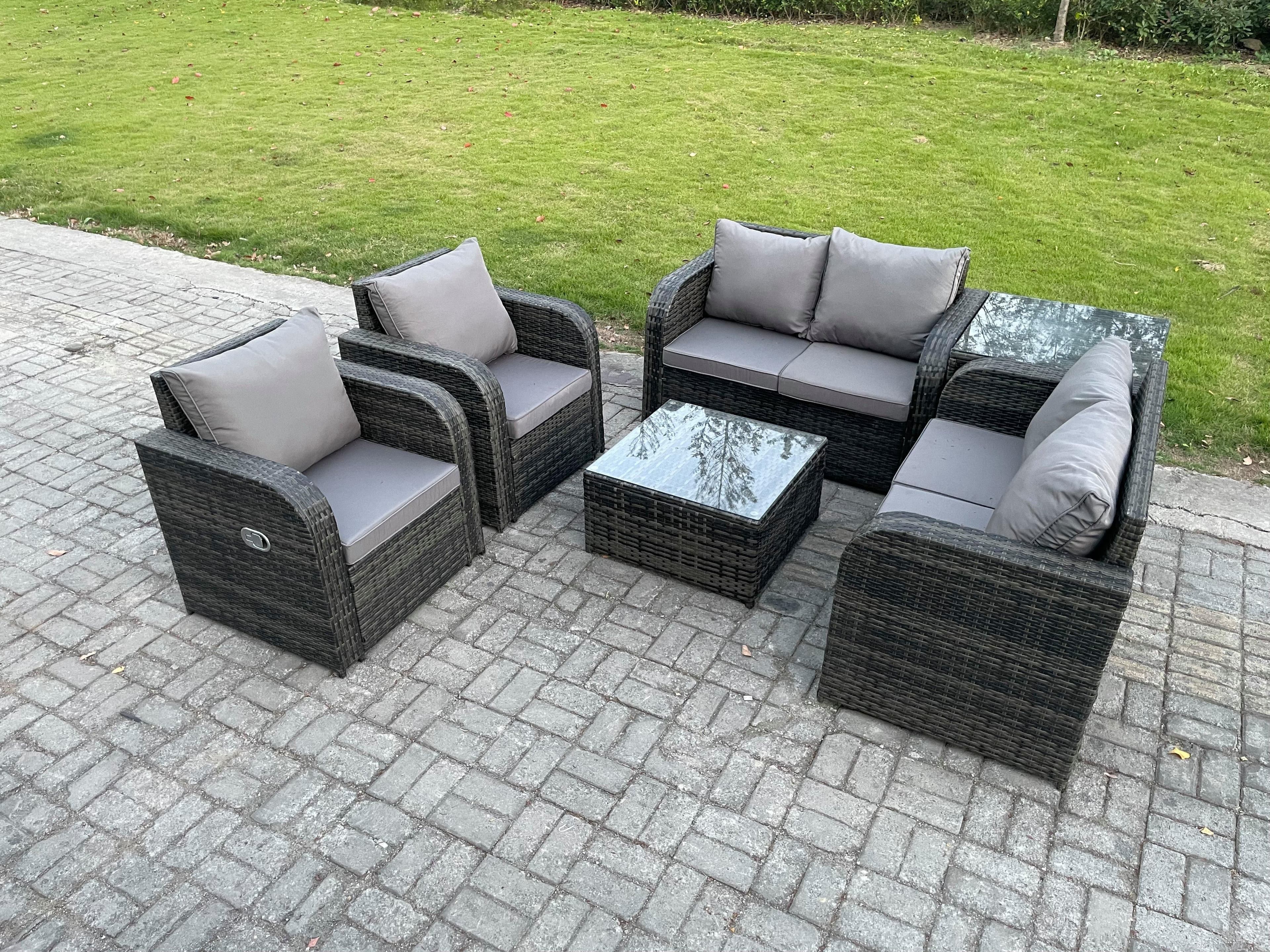 6 Seater Rattan Sofa Set Outdoor Garden Furniture Set Square Coffee Table Loveseat Sofa Reclining Chairs Side Table