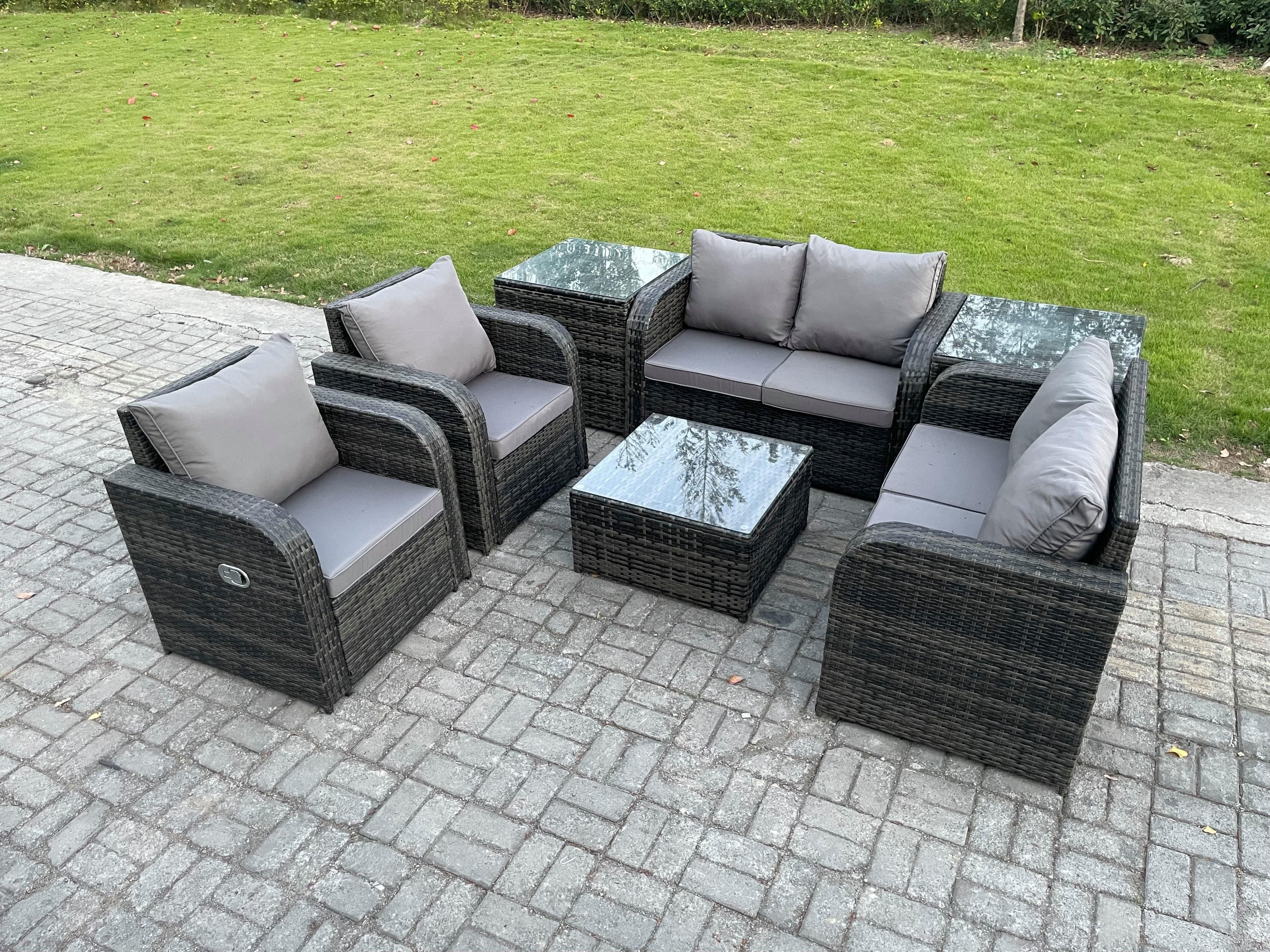6 Seater Rattan Sofa Set Outdoor Garden Furniture Set Square Coffee Table Loveseat Sofa Reclining Chairs 2 Side Tables