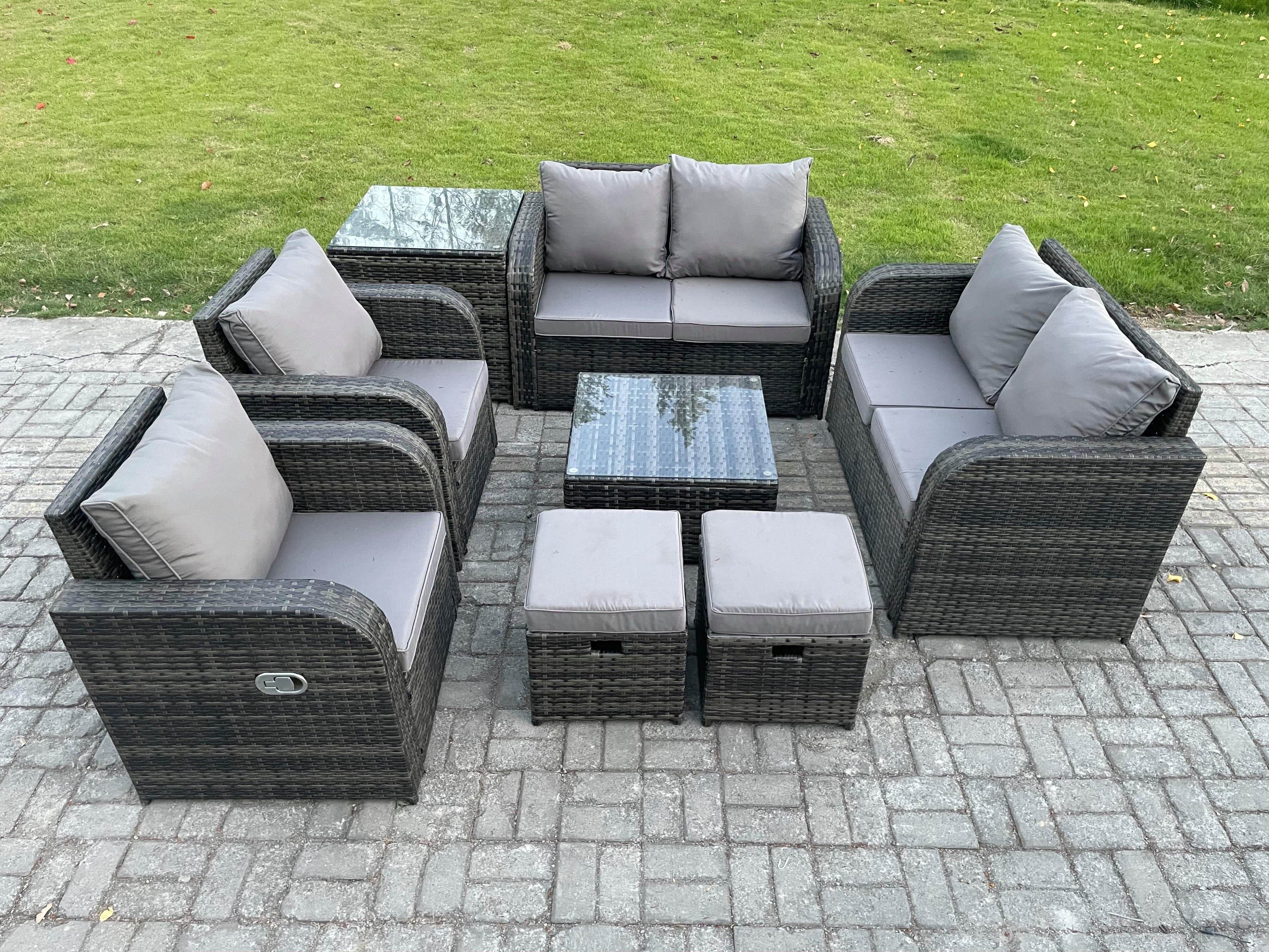 8 Seater Rattan Sofa Set Outdoor Garden Furniture Set Square Coffee Table Loveseat Sofa Reclining Chairs Side Table 2 Small Footstools