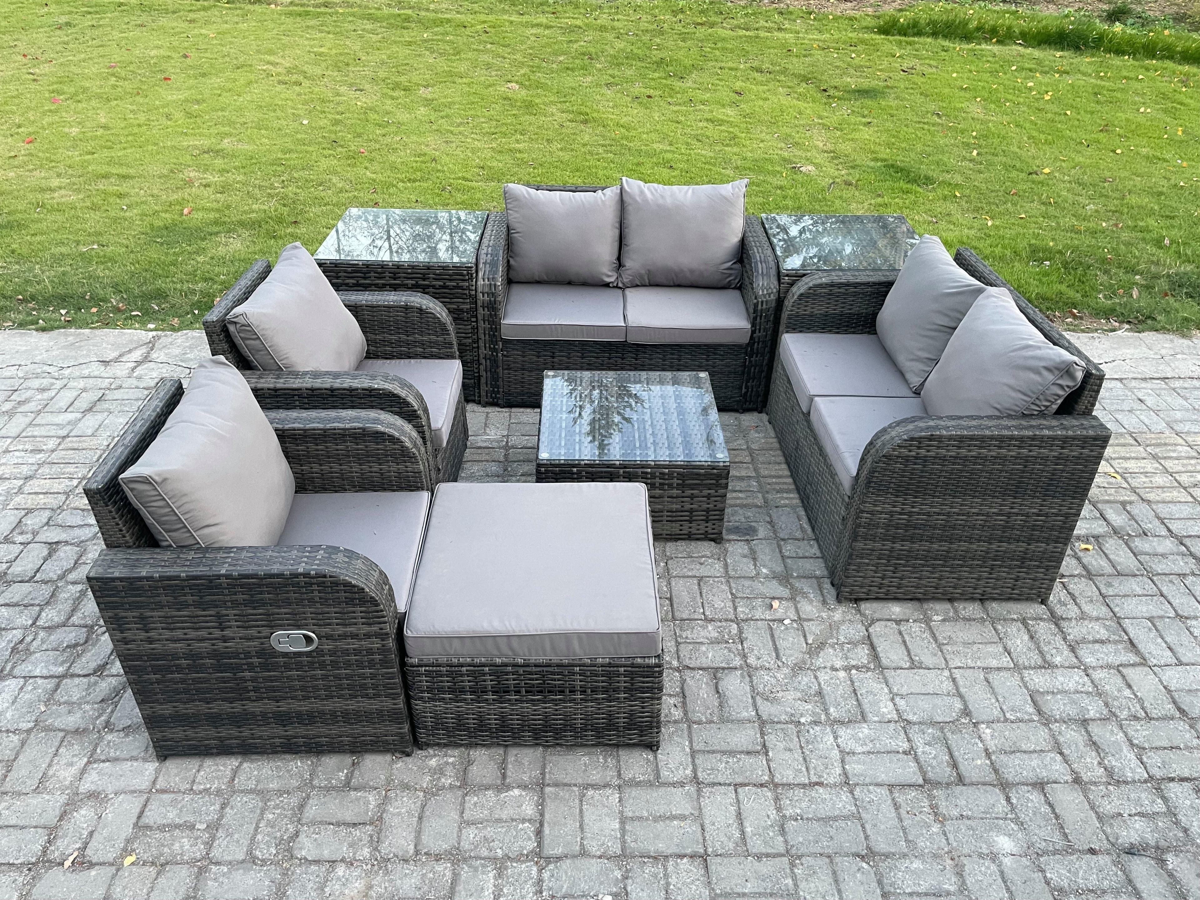 7 Seater Rattan Sofa Set Outdoor Garden Furniture Set Square Coffee Table Loveseat Sofa Reclining Chairs 2 Side Tables Big Footstool