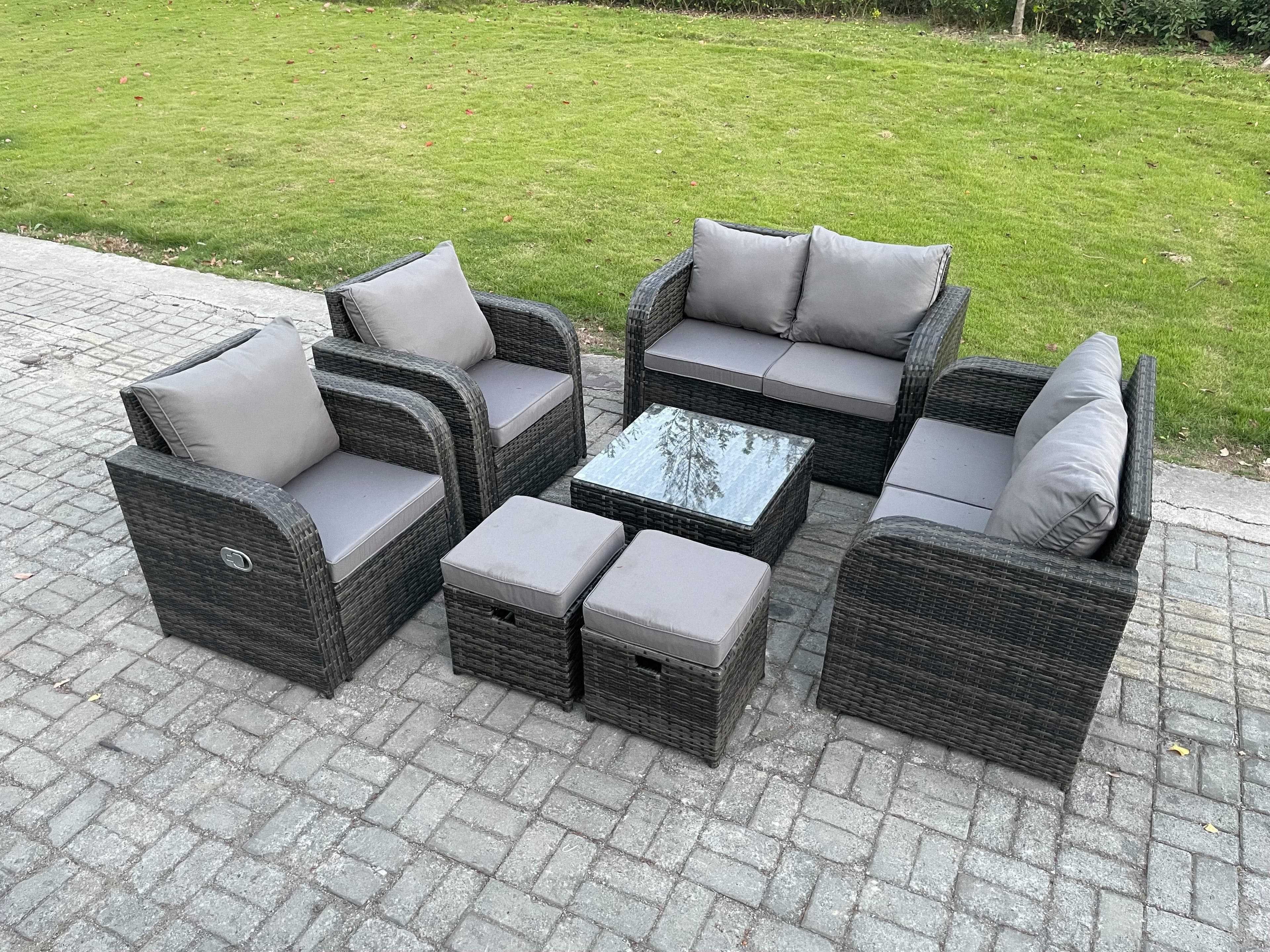Garden Furniture Set Rattan Outdoor Lounge Sofa Chair Tempered Glass Table 2 Small Footstools Dark Grey Mixed