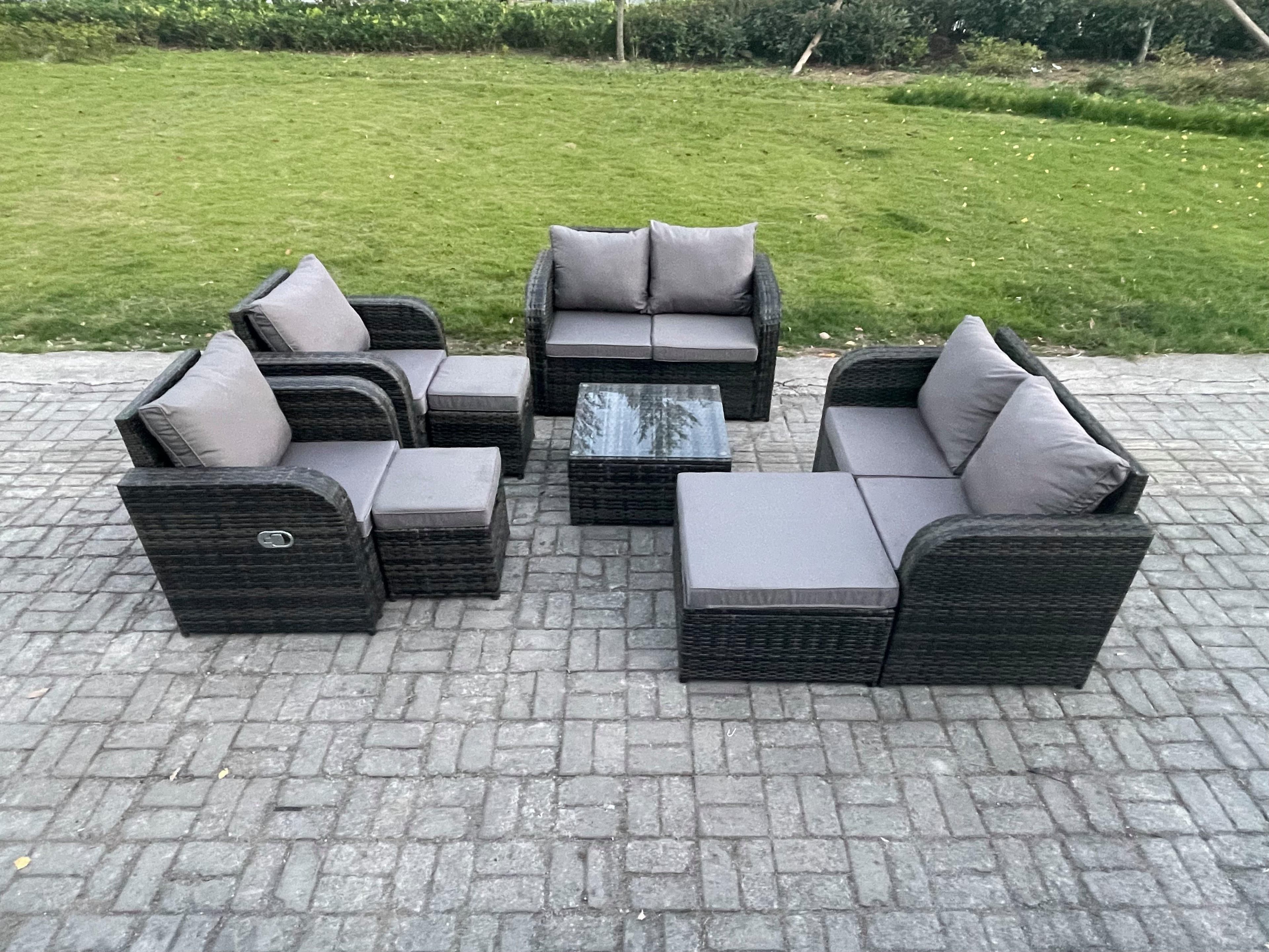 Garden Furniture Set Rattan Outdoor Lounge Sofa Chair Tempered Glass Table 3 Footstools Dark Grey Mixed