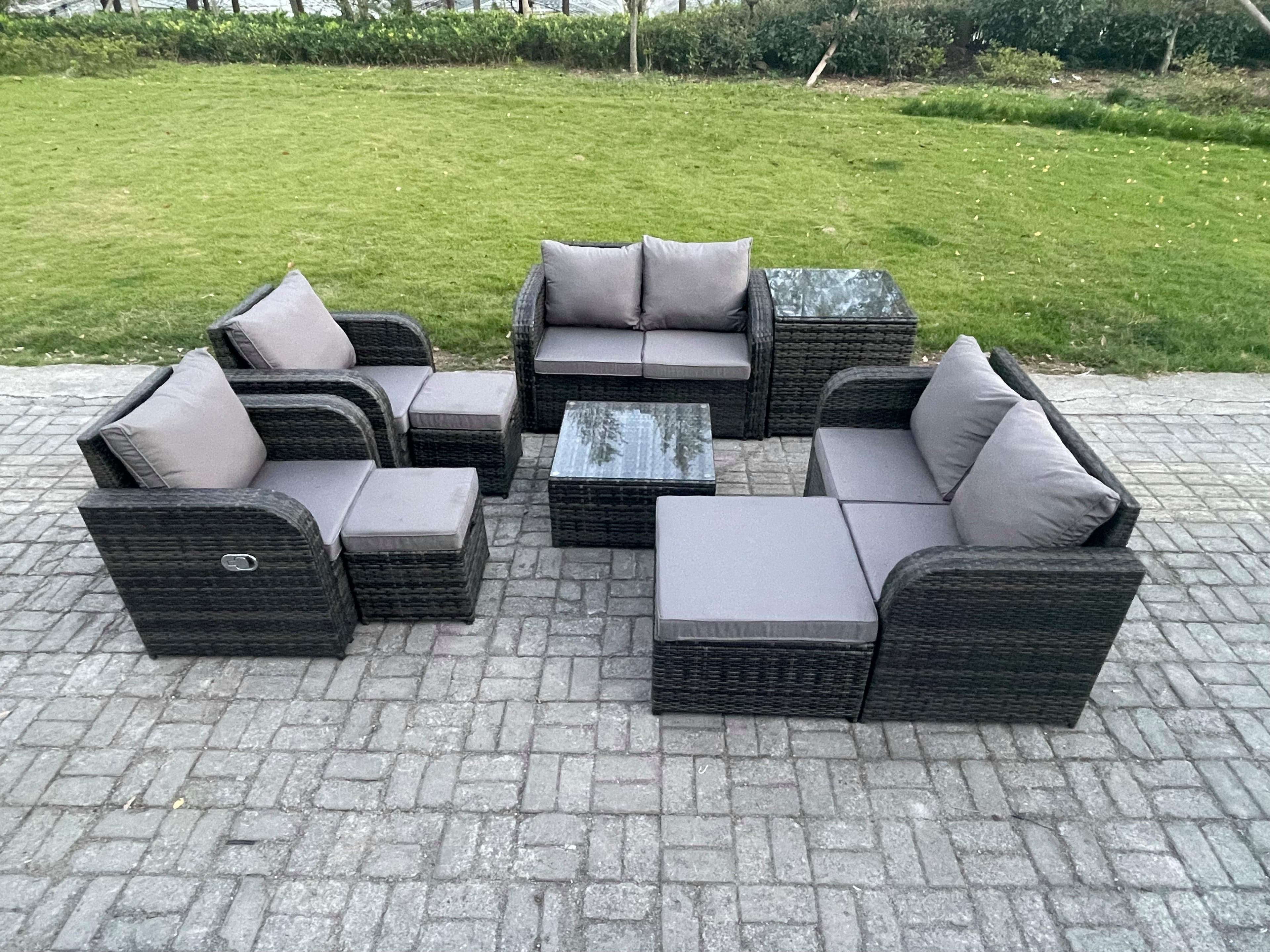 Garden Furniture Set Rattan Outdoor Lounge Sofa Chair Tempered Glass Table 3 Footstools Side Table Dark Grey Mixed