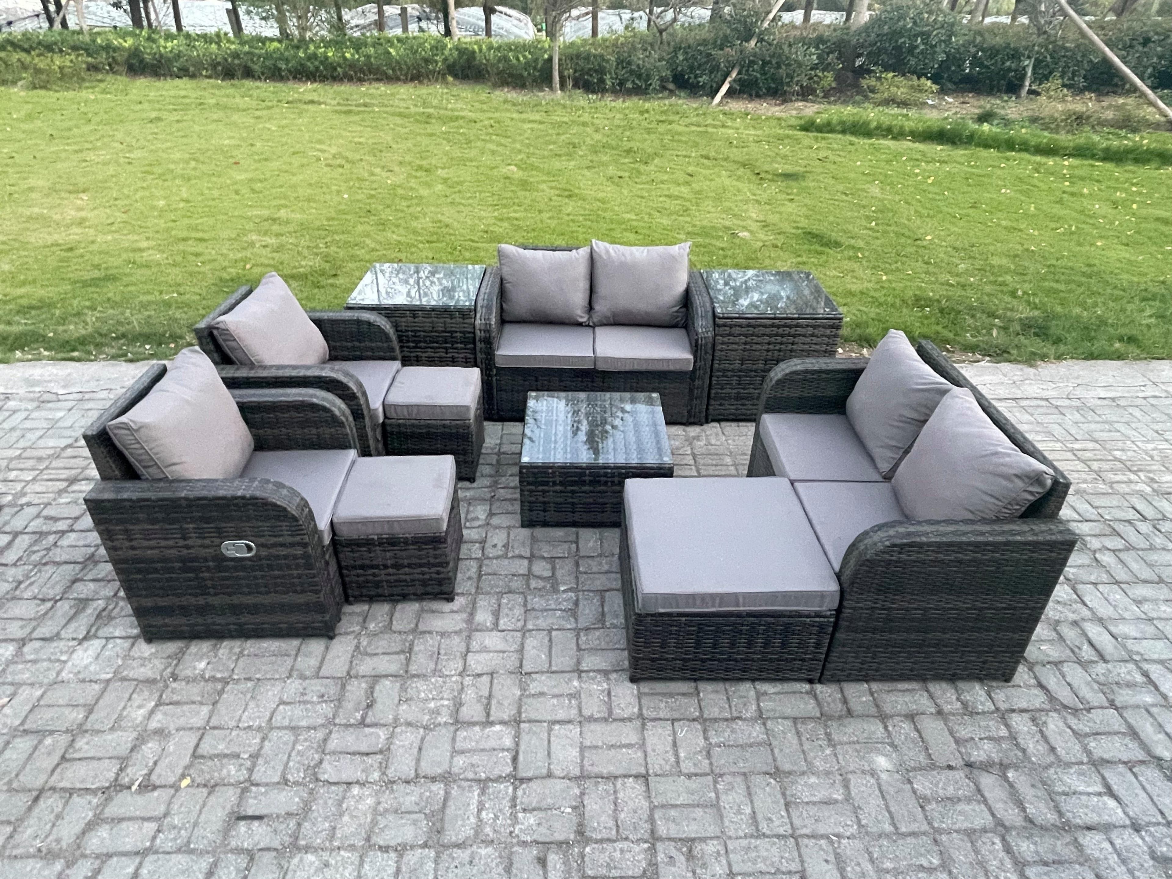 Garden Furniture Set Rattan Outdoor Lounge Sofa Chair Tempered Glass Table 3 Footstools 2 Side Tables Dark Grey Mixed