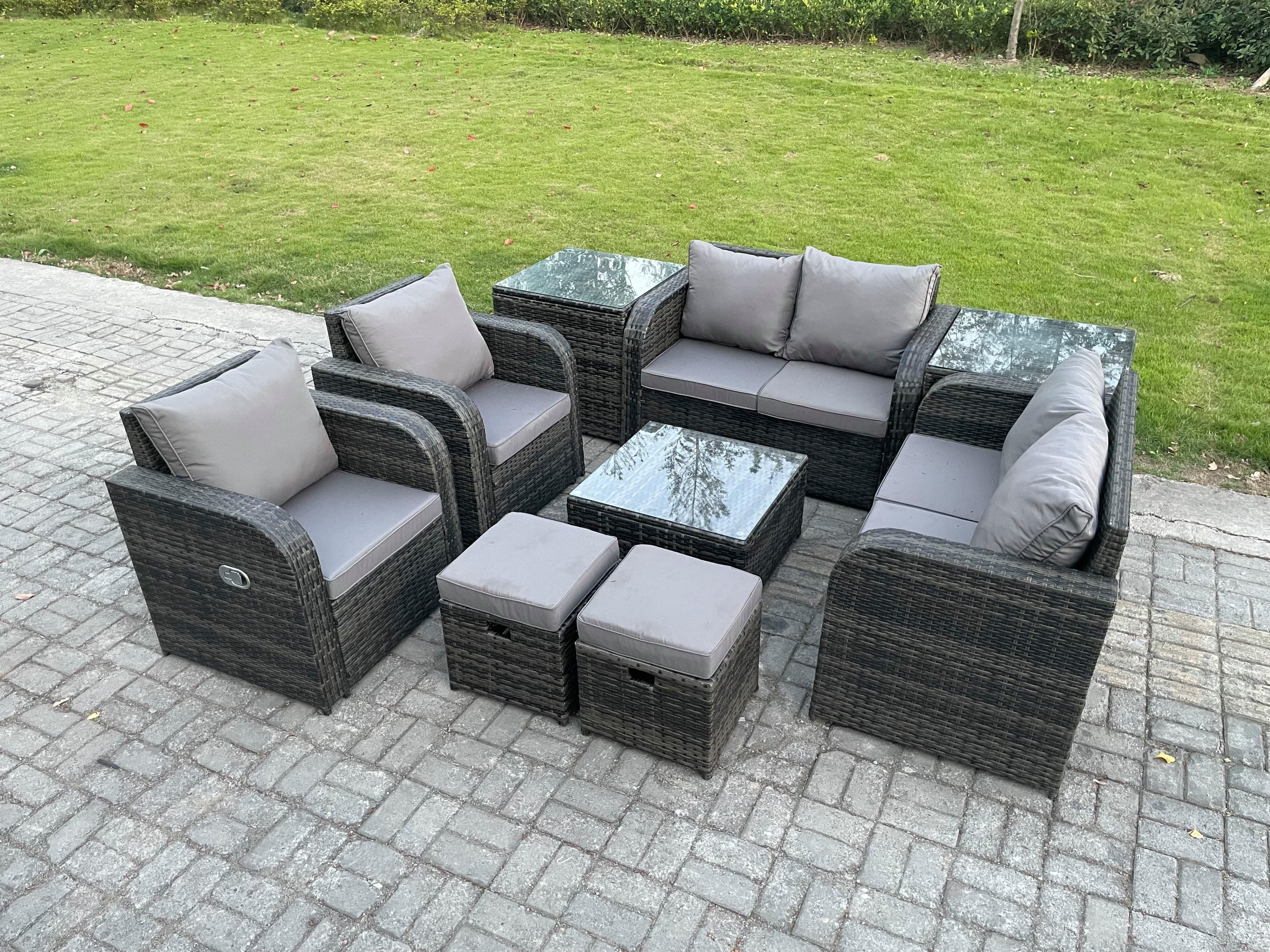 Garden Furniture Set Rattan Outdoor Lounge Sofa Chair Tempered Glass Table 2 Small Footstools 2 Side Tables Dark Grey Mixed