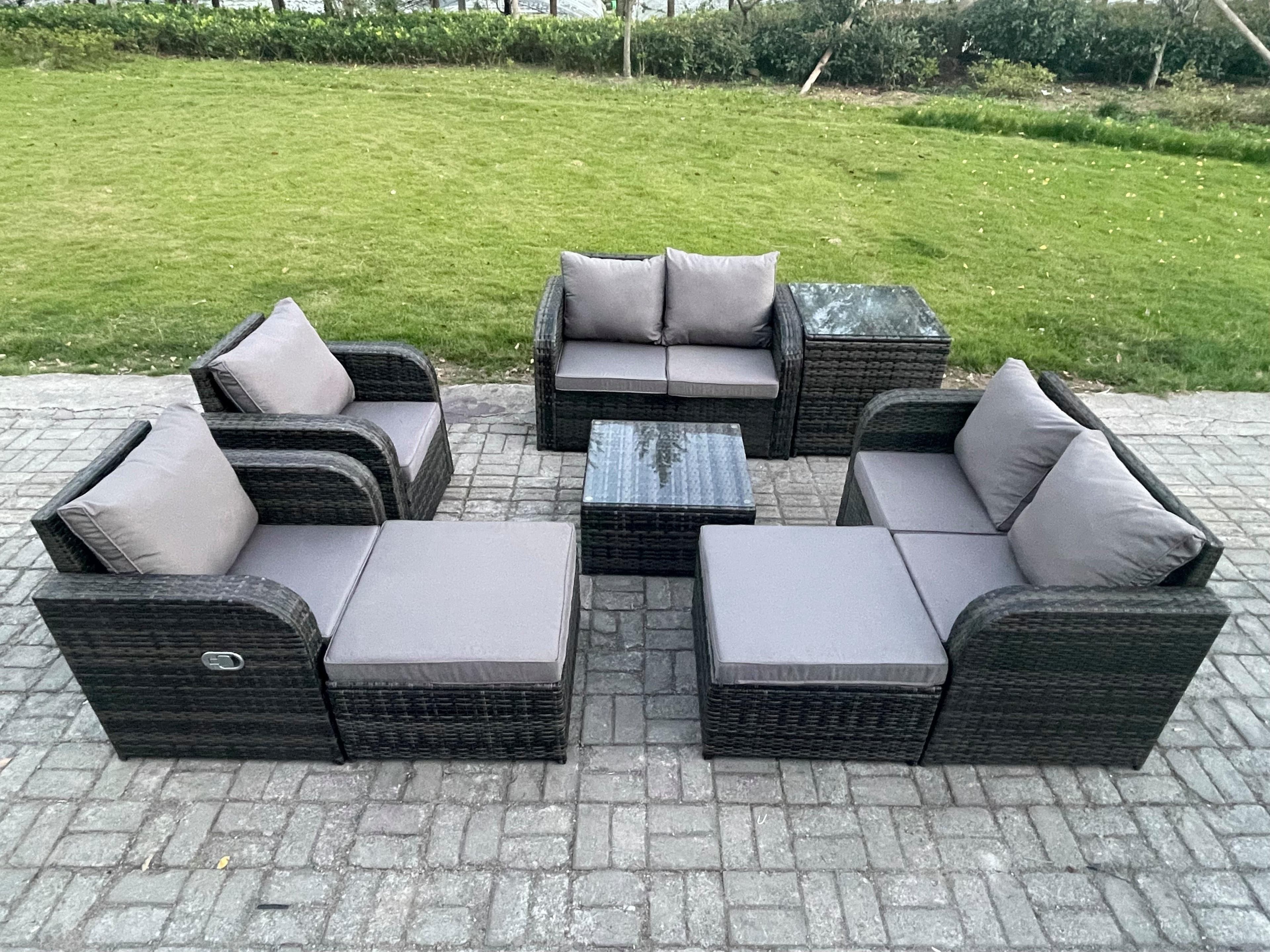 Garden Furniture Set Rattan Outdoor Lounge Sofa Chair Tempered Glass Table 2 Big Footstool Side Table Dark Grey Mixed