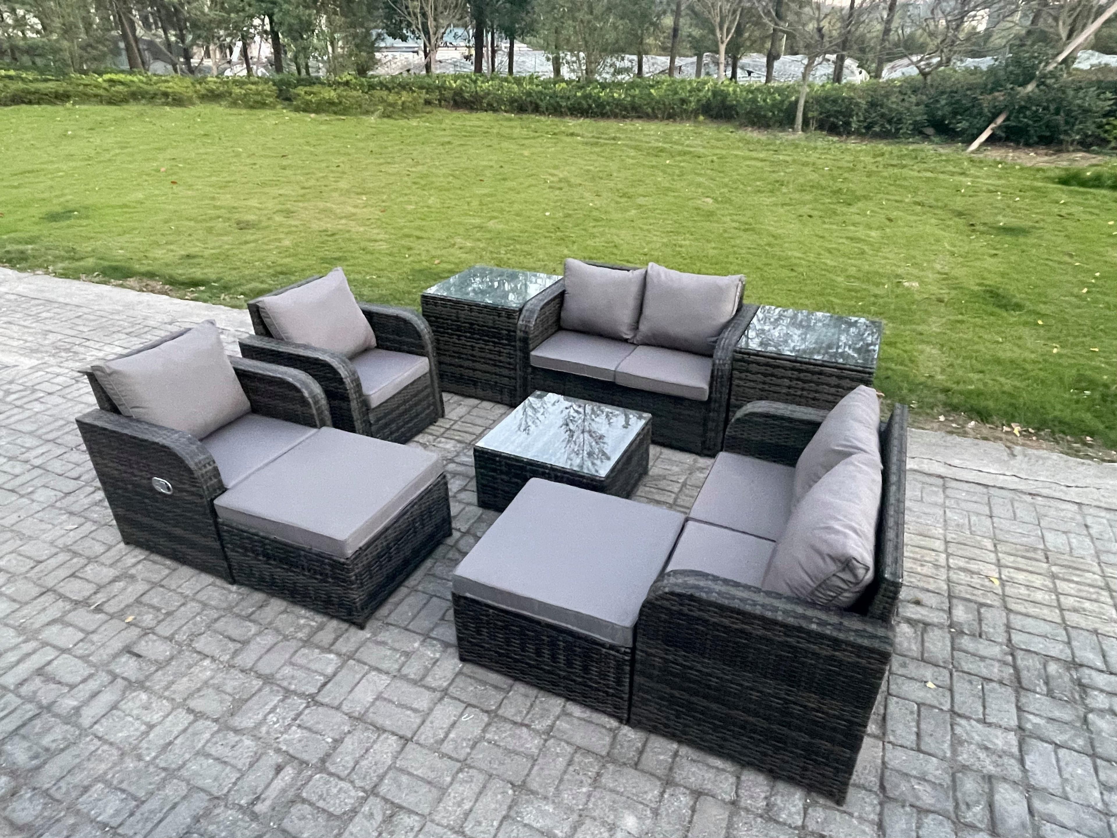 Garden Furniture Set Rattan Outdoor Lounge Sofa Chair Tempered Glass Table 2 Big Footstool 2 Side Tables Dark Grey Mixed