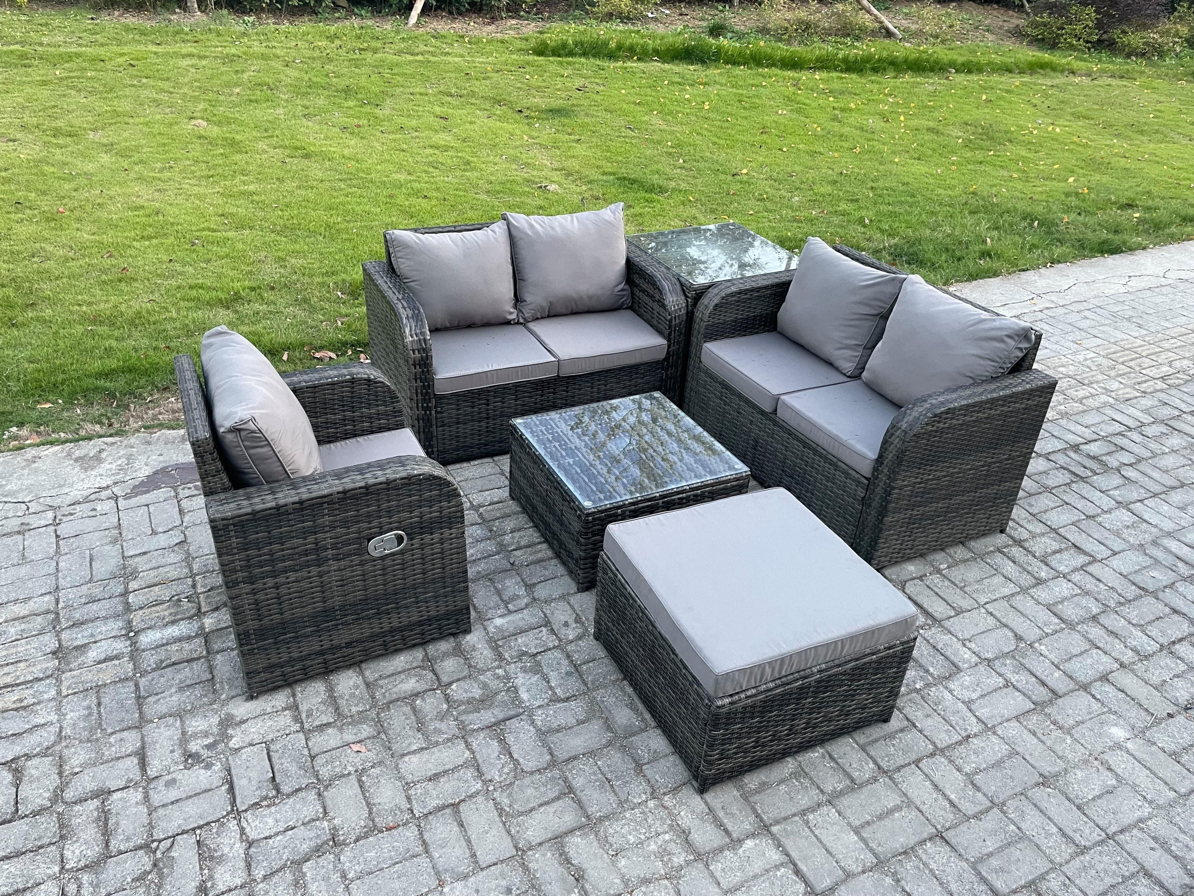 6 Piece Garden Furniture Sets 6 Seater Outdoor Patio Furniture Set Weaving Wicker Rattan Sofa Chair Table Big Footstool Side Table