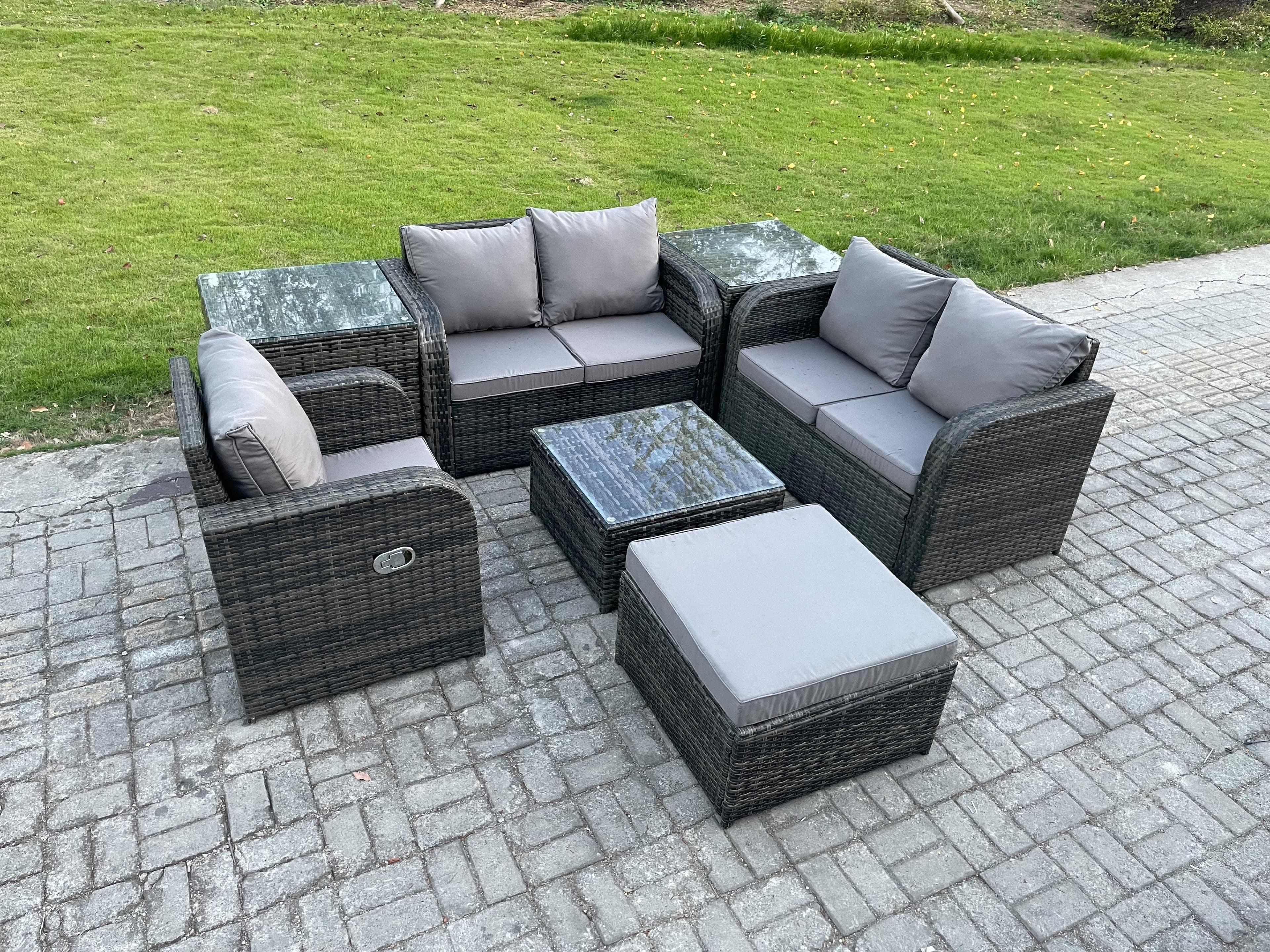 7 Piece Garden Furniture Sets 6 Seater Outdoor Patio Furniture Set Weaving Wicker Rattan Sofa Chair Table 2 Side Tables Big Footstool