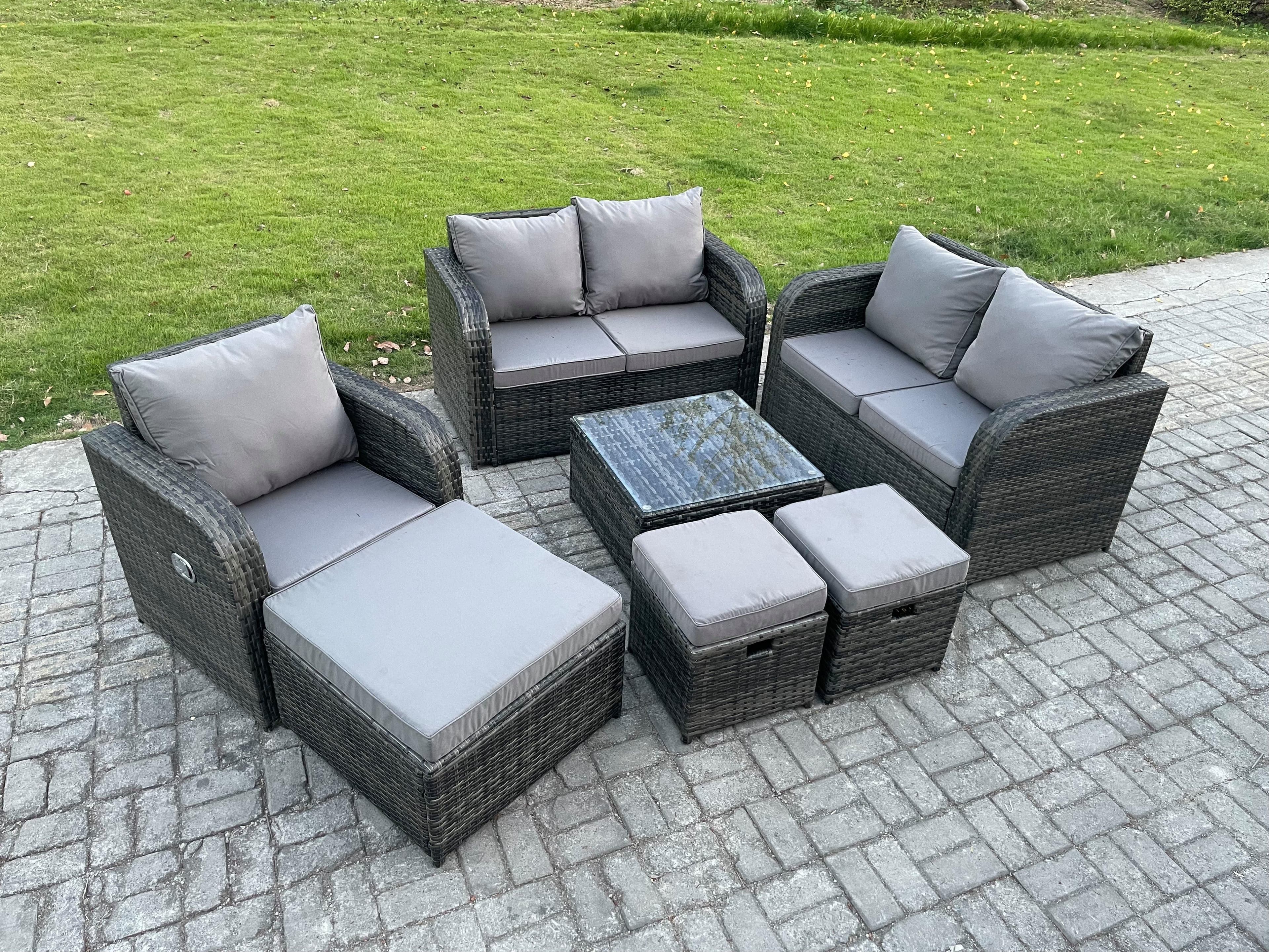 7 Piece Garden Furniture Sets 6 Seater Outdoor Patio Furniture Set Weaving Wicker Rattan Sofa Chair Table 3 Footstools