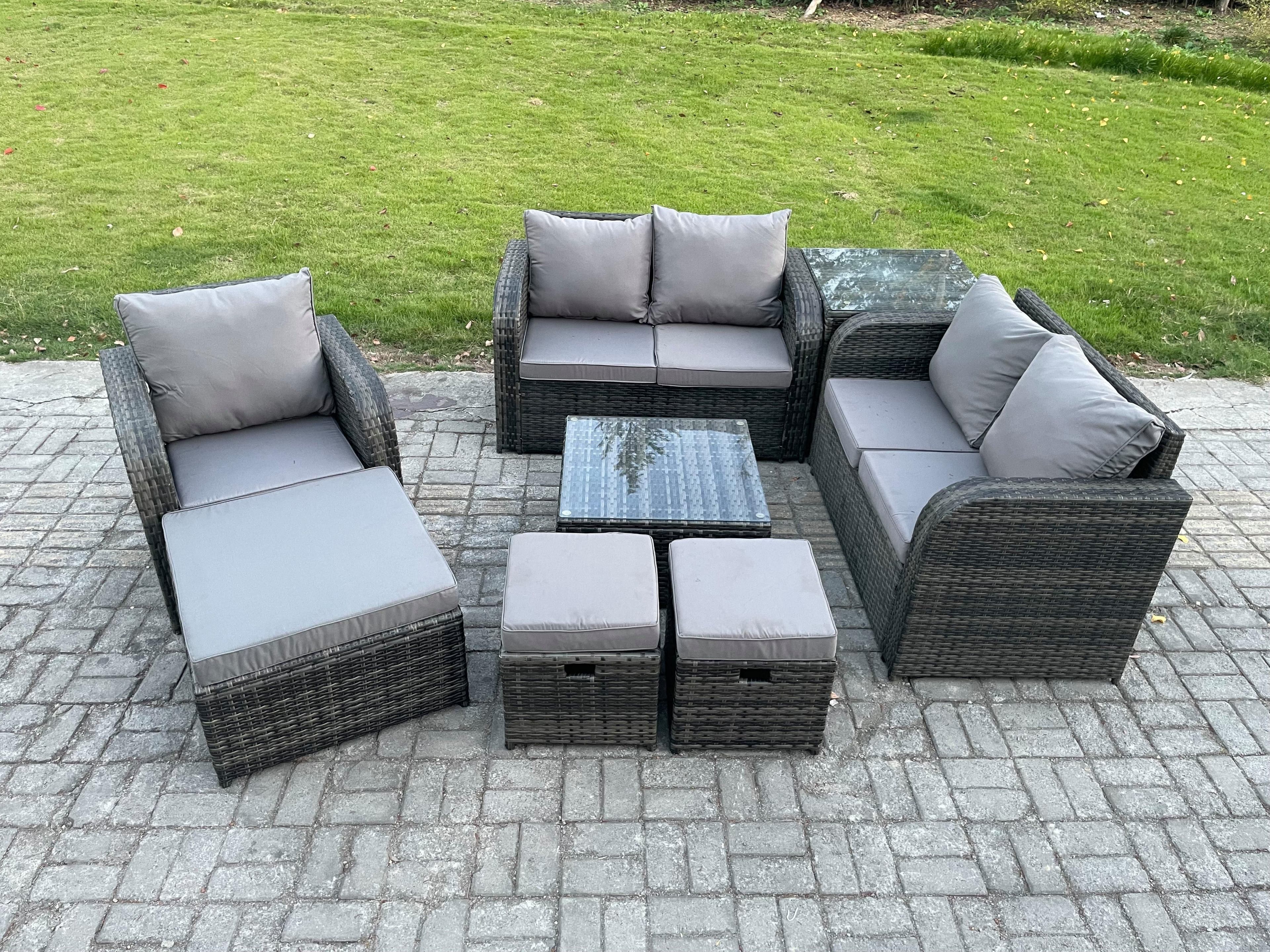 8 Piece Garden Furniture Sets 8 Seater Outdoor Patio Furniture Set Weaving Wicker Rattan Sofa Chair Table 3 Footstools