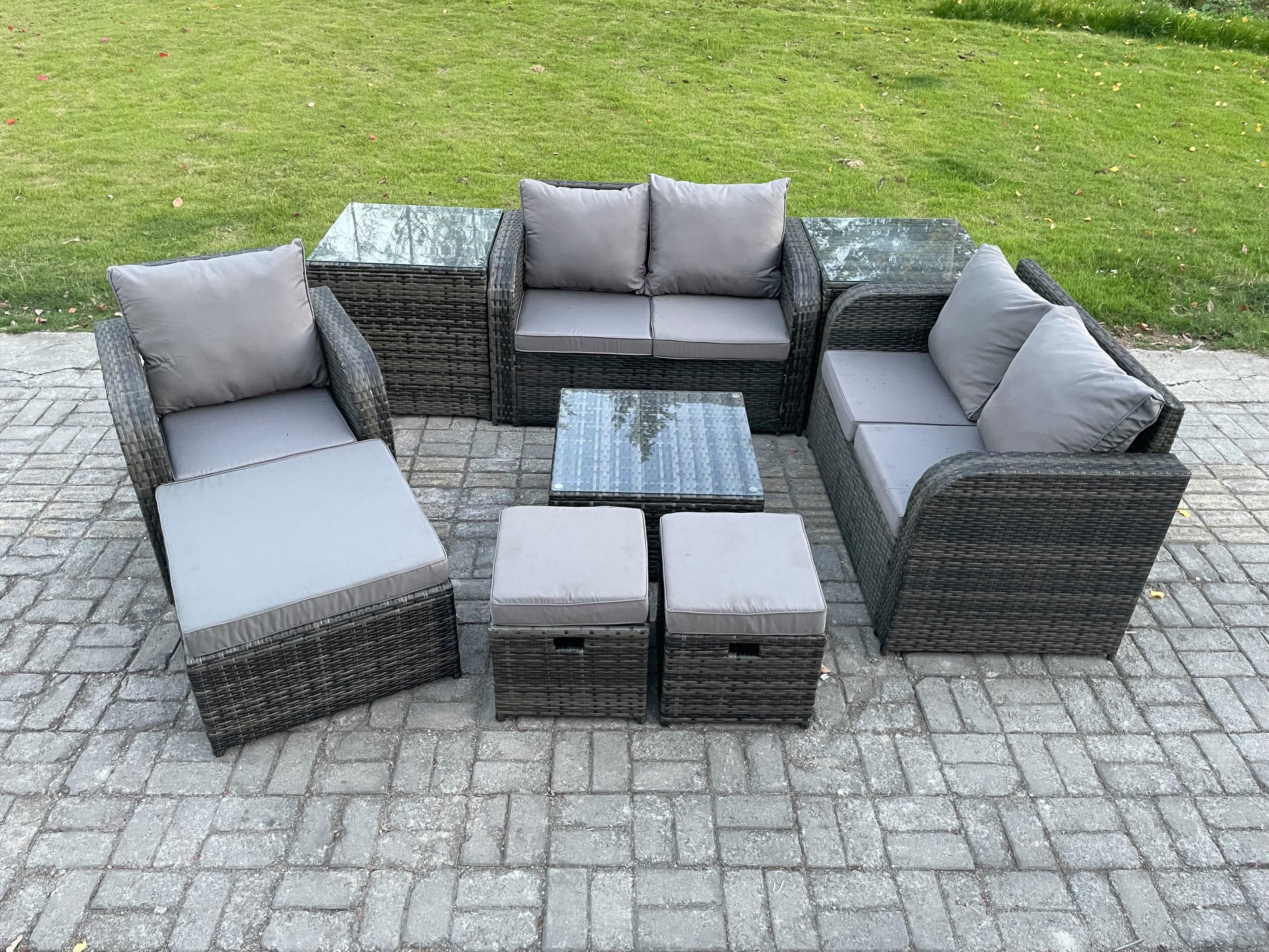PE Rattan Garden Furniture Sets Outdoor Love Sofa Chair Set Square Coffee Table 2 Side Tables 3 Footstools