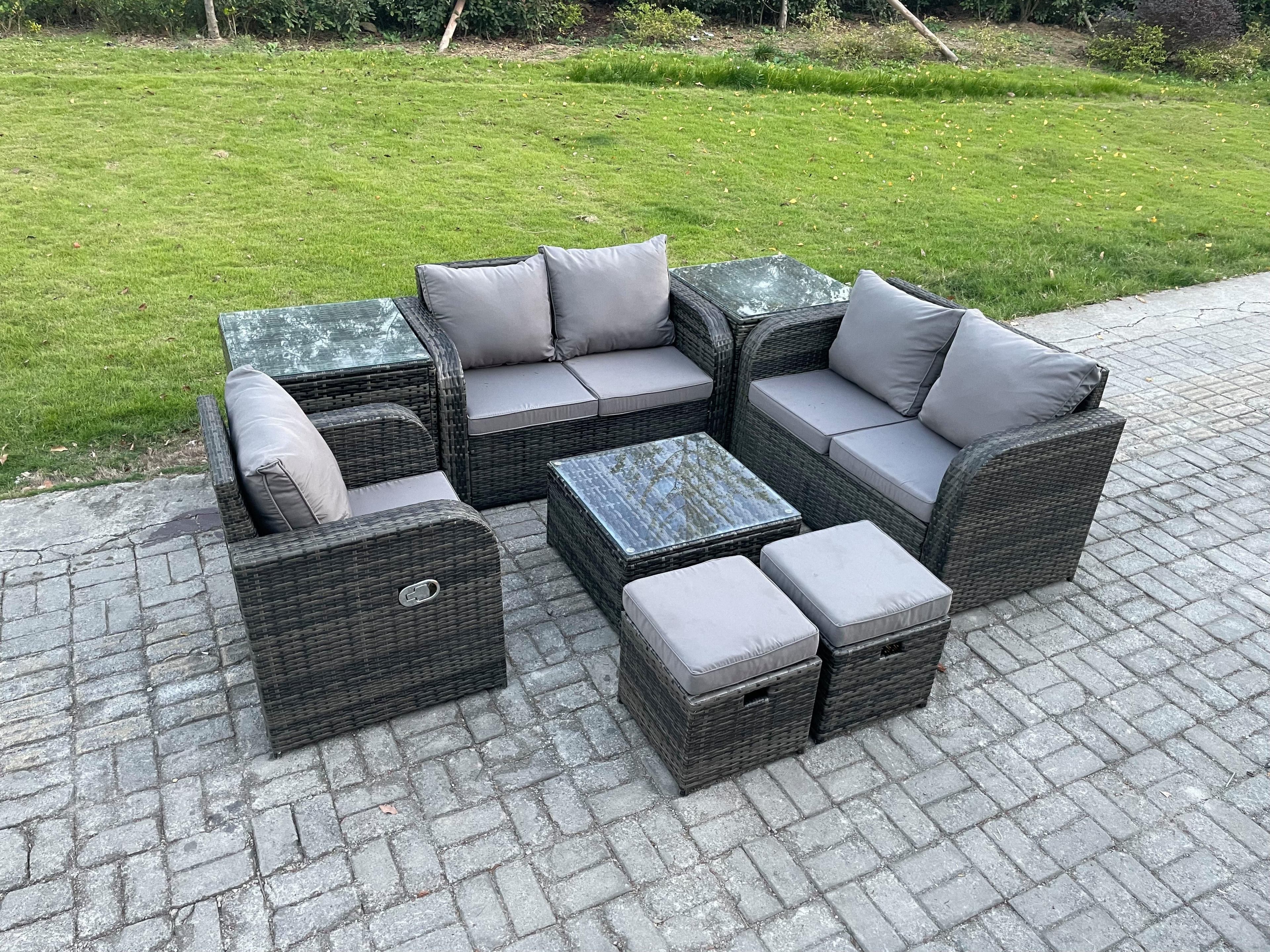 PE Rattan Garden Furniture Sets Outdoor Love Sofa Chair Set Square Coffee Table 2 Side Tables 2 Small Footstools