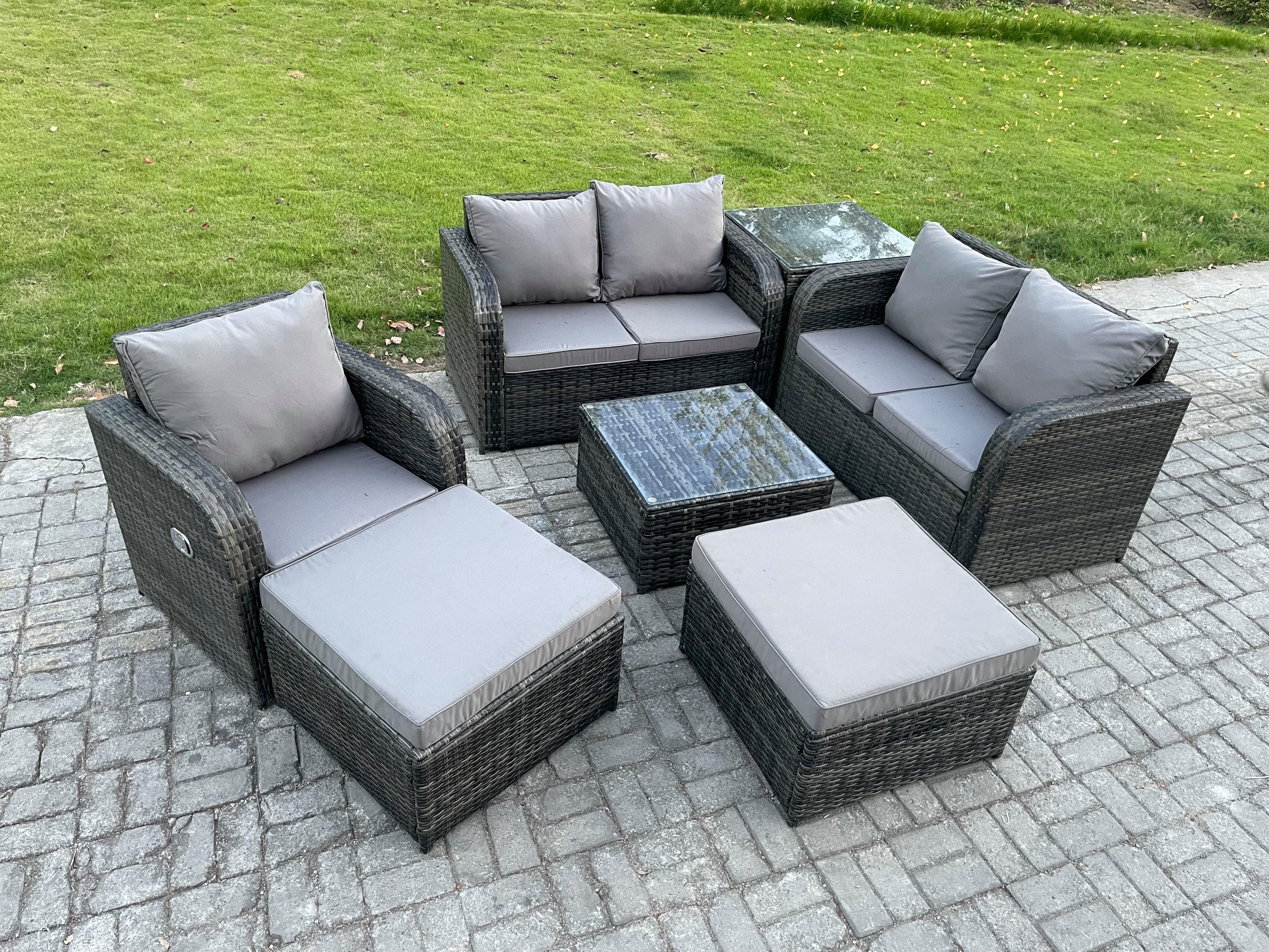 PE Rattan Garden Furniture Sets Outdoor Love Sofa Chair Set Square Coffee Table Side Table 2 Big Footstool