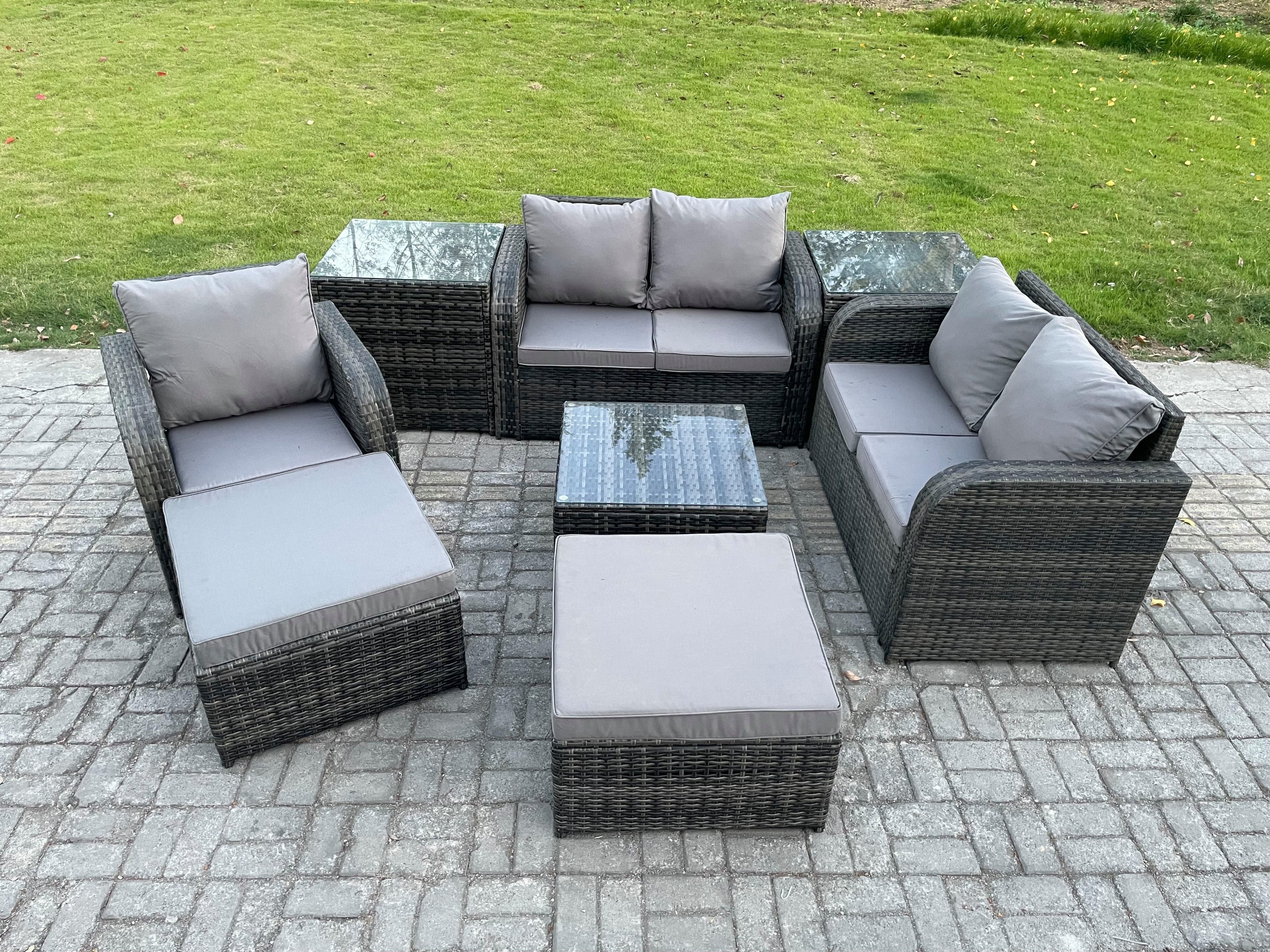 PE Rattan Garden Furniture Sets Outdoor Love Sofa Chair Set Square Coffee Table 2 Side Tables 2 Big Footstool