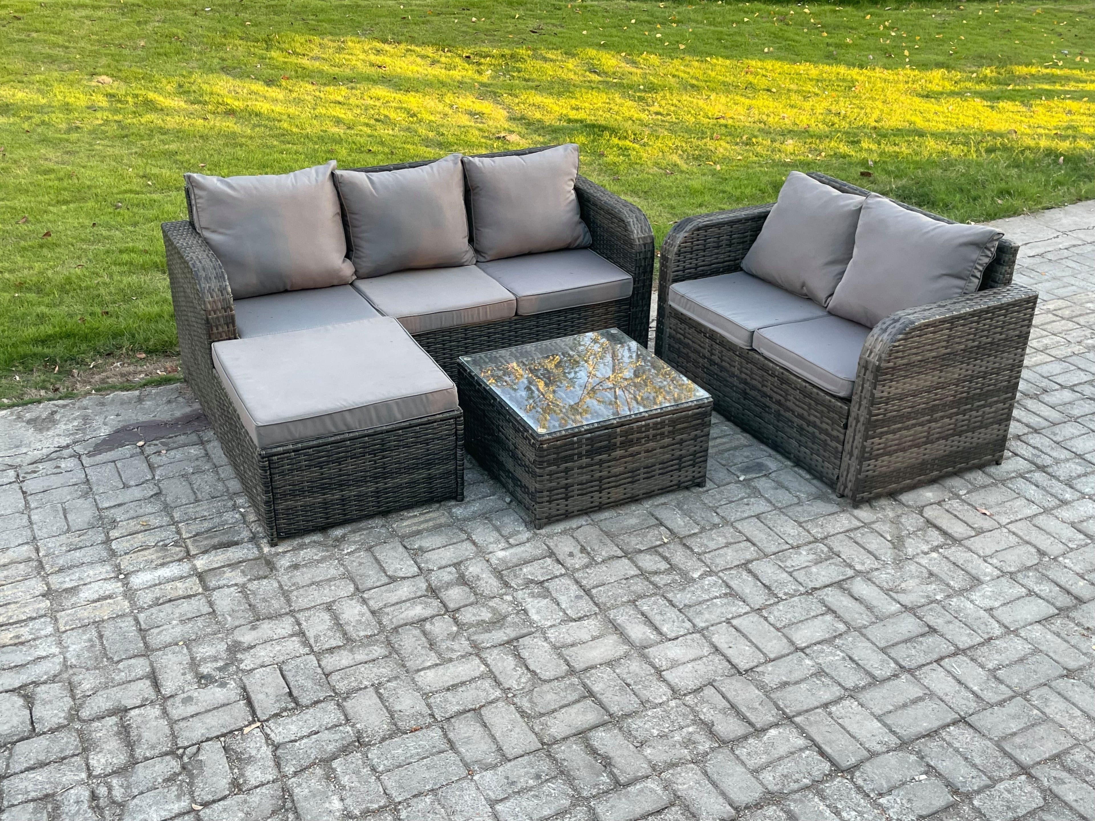 PE Rattan Garden Furniture Sets 6 Seater Outdoor Lounge Sofa Set Square Coffee Table Big Footstool