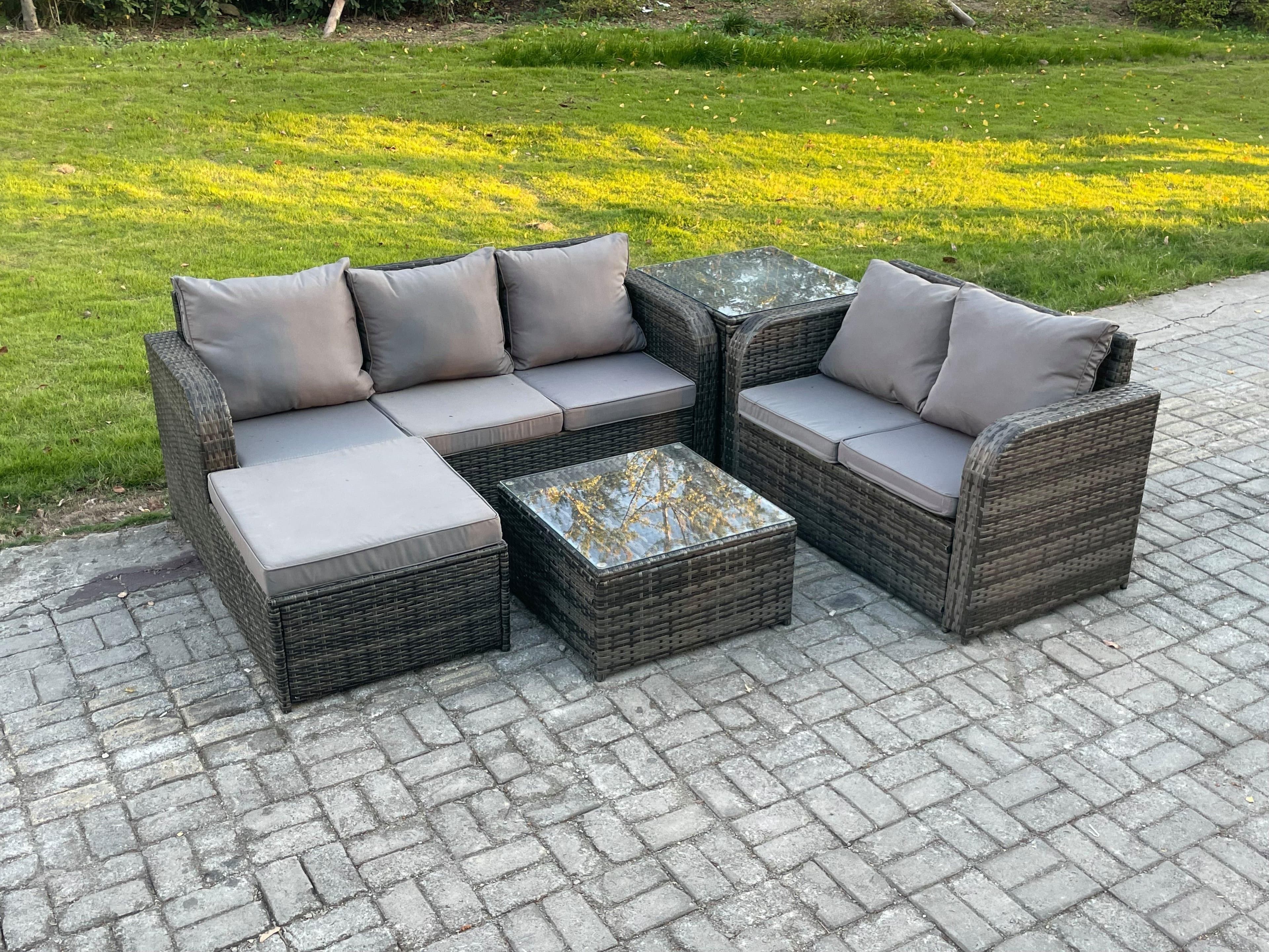 PE Rattan Garden Furniture Sets 6 Seater Outdoor Lounge Sofa Set Square Coffee Table Big Footstool Side Table