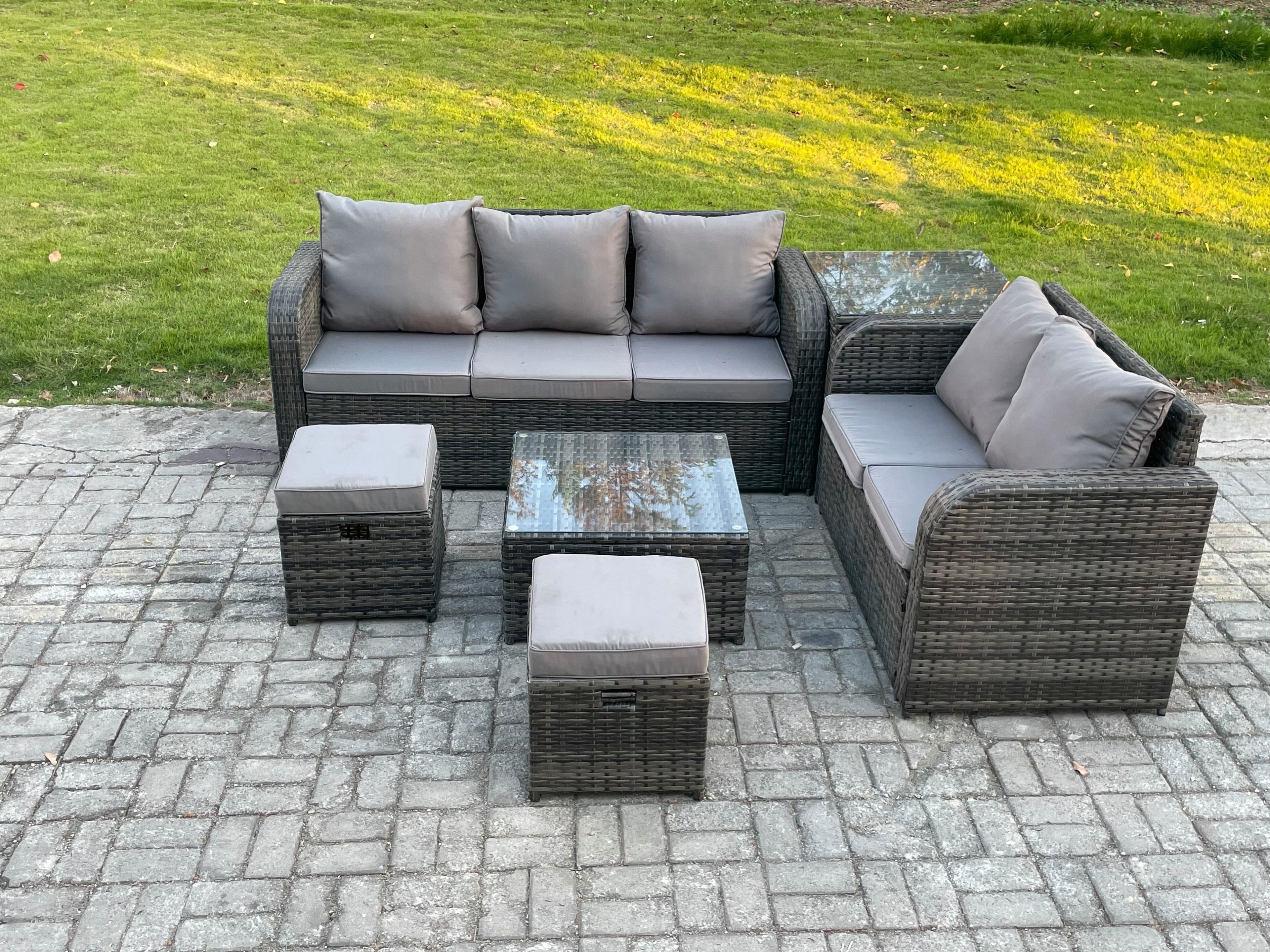 PE Rattan Garden Furniture Sets 7 Seater Outdoor Lounge Sofa Set Square Coffee Table 2 Small Footstools Side Table