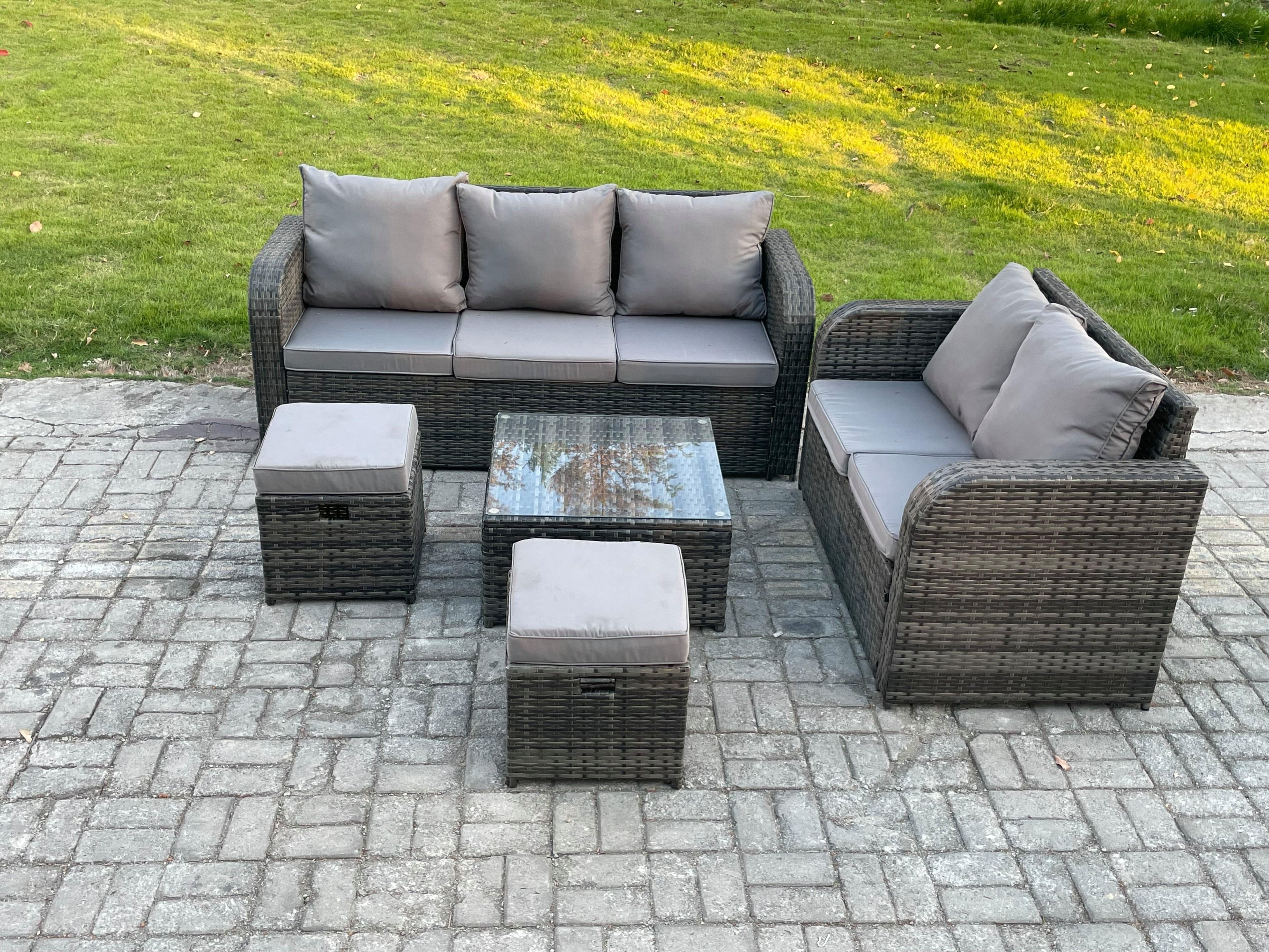 PE Rattan Garden Furniture Sets 7 Seater Outdoor Lounge Sofa Set Square Coffee Table 2 Small Footstools
