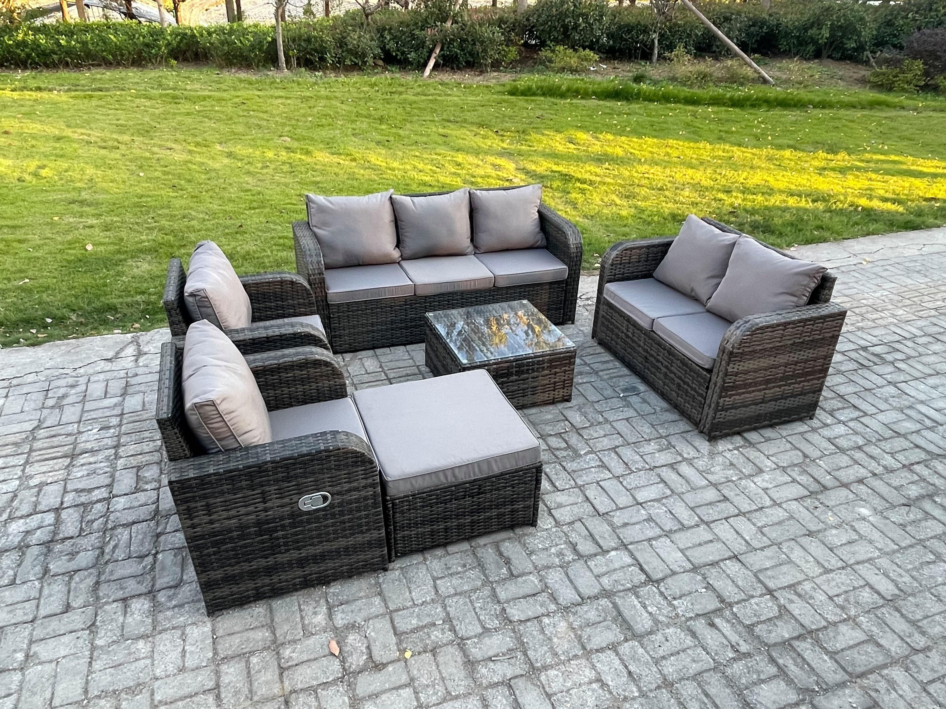 8 Seater Garden Furniture Set Rattan Outdoor Lounge Sofa Chair Tempered Glass Table Big Footstool Dark Grey Mixed
