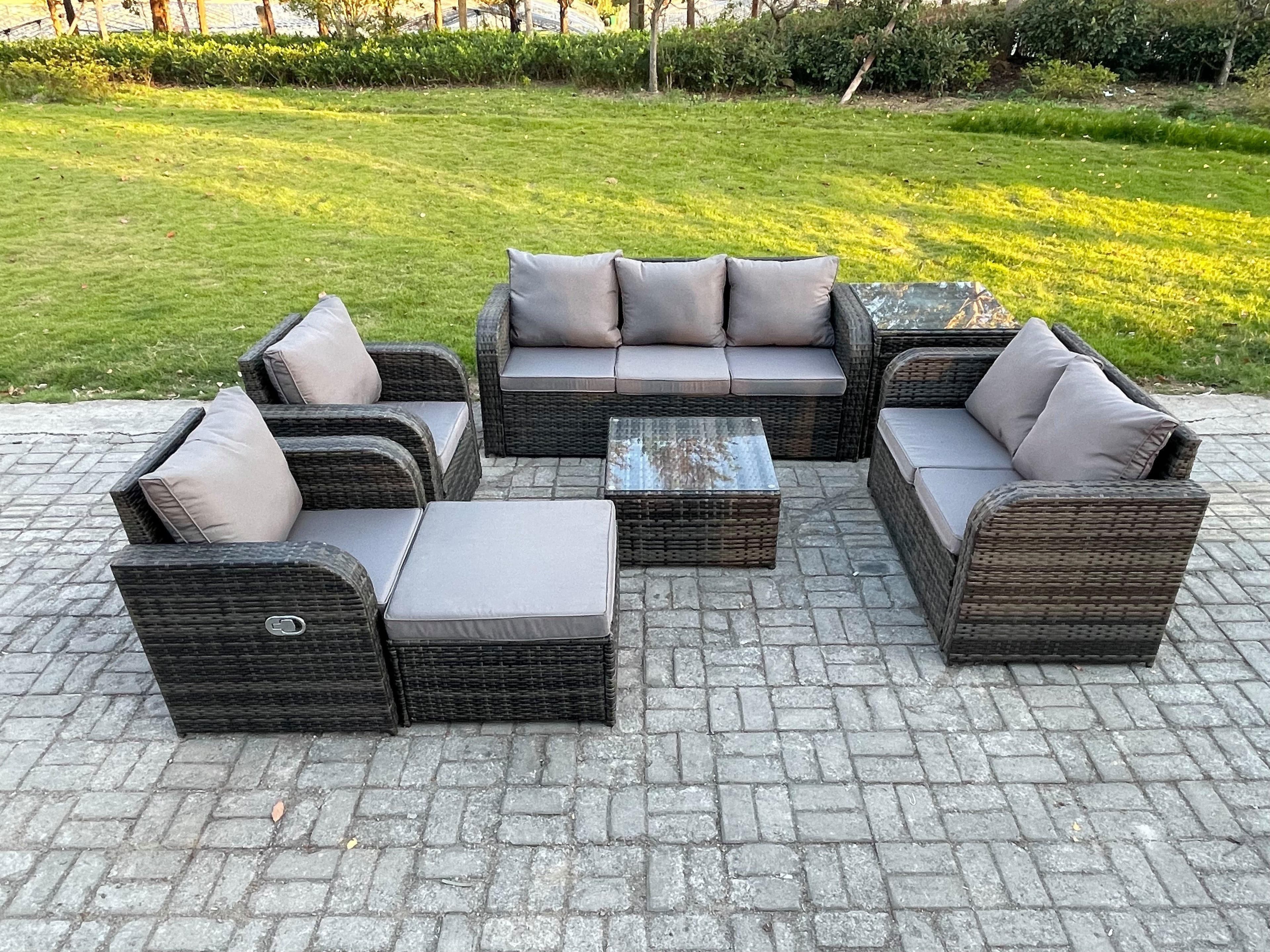 8 Seater Garden Furniture Set Rattan Outdoor Lounge Sofa Chair Tempered Glass Table Big Footstool Side Table Dark Grey Mixed