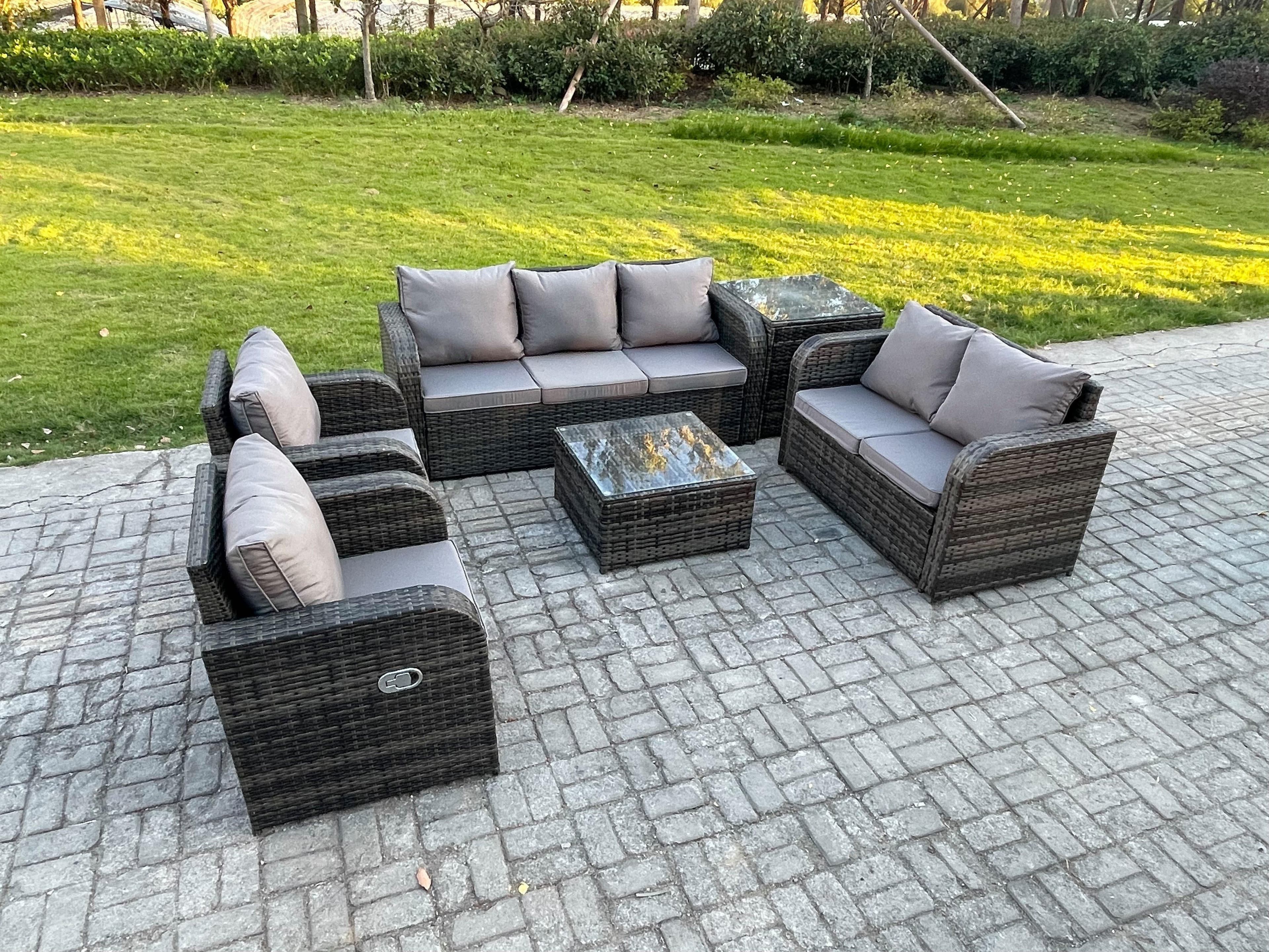 7 Seater Garden Furniture Set Rattan Outdoor Lounge Sofa Chair Tempered Glass Table Side Table Dark Grey Mixed