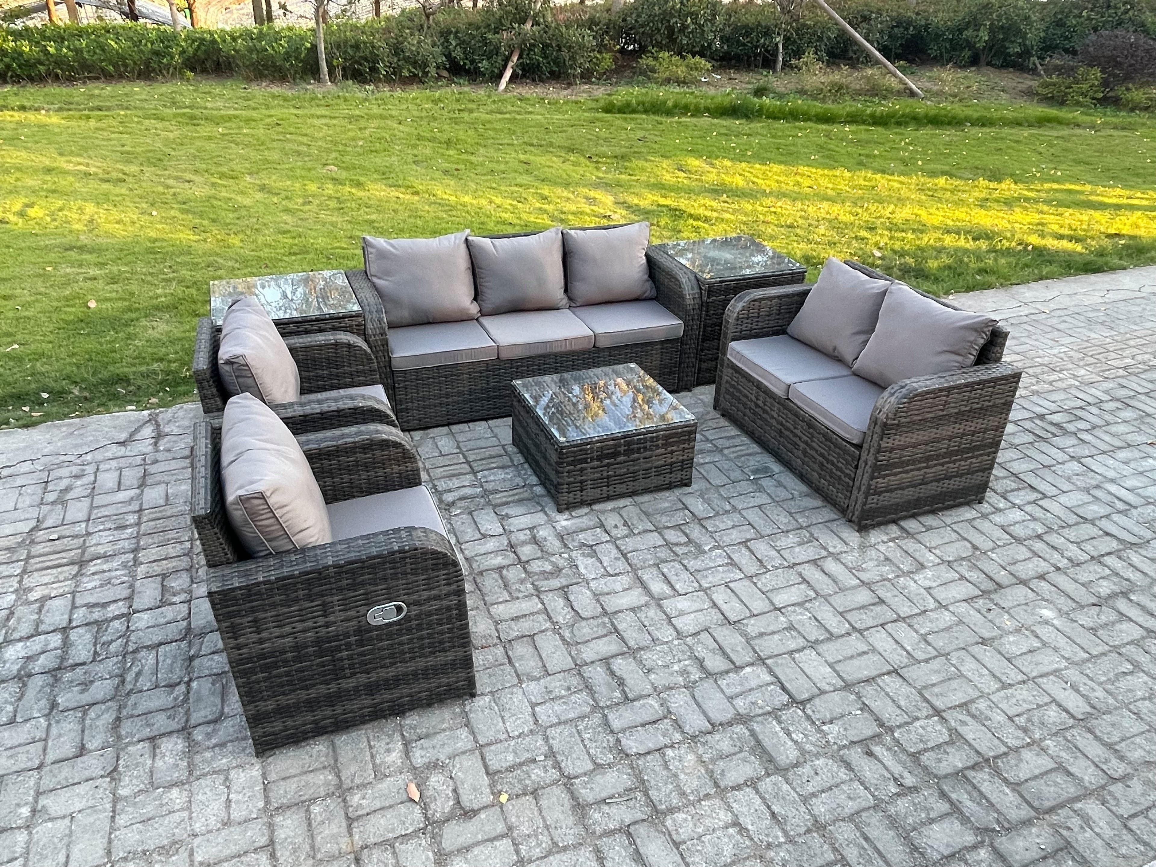 7 Seater Garden Furniture Set Rattan Outdoor Lounge Sofa Chair Tempered Glass Table 2 Side Tables Dark Grey Mixed