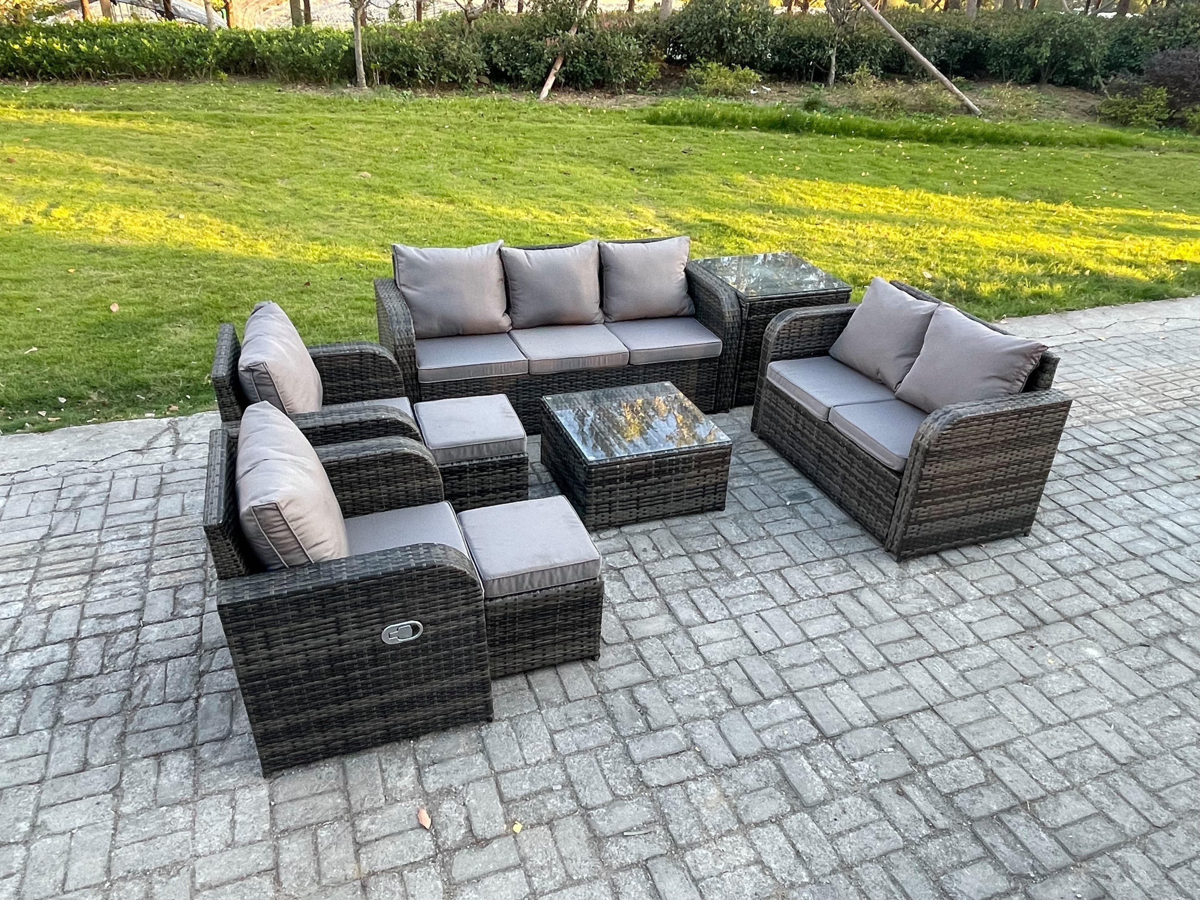 9 Seater Garden Furniture Set Rattan Outdoor Lounge Sofa Chair Tempered Glass Table Side Table 2 Small Footstools Dark Grey Mixed