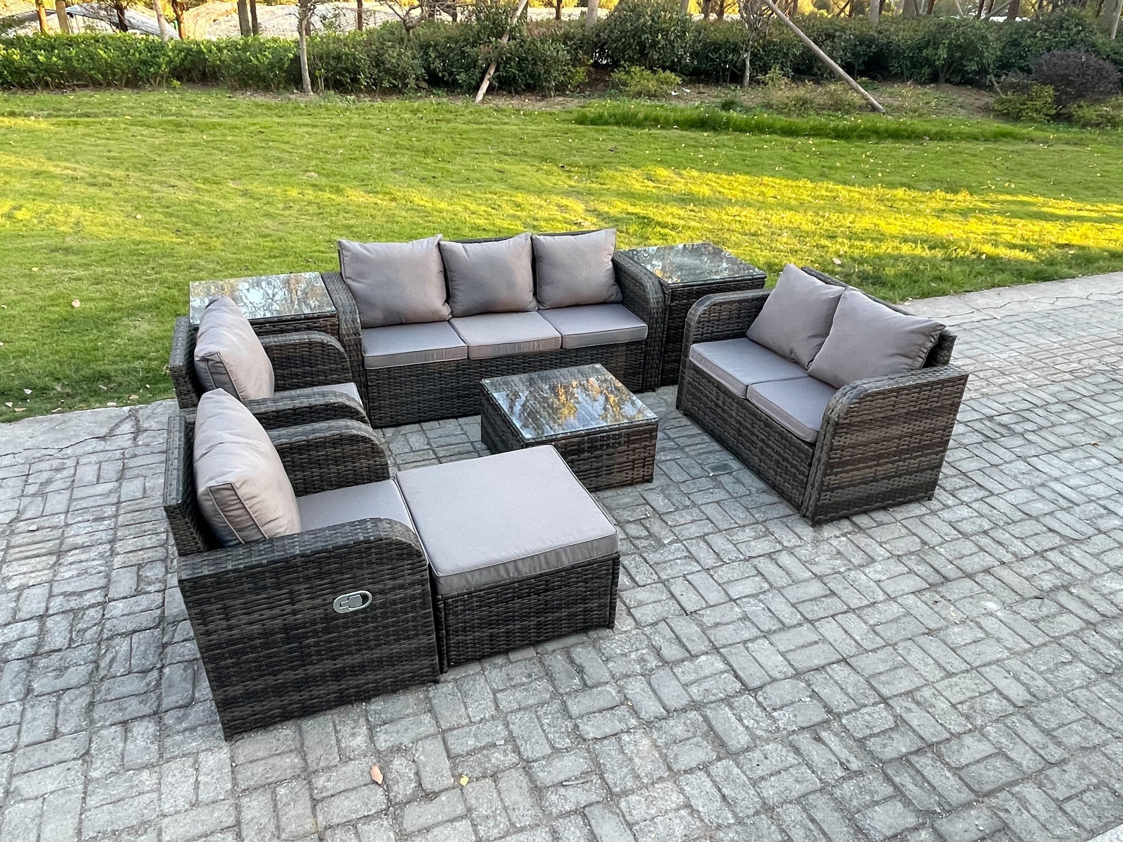 8 Seater Garden Furniture Set Rattan Outdoor Lounge Sofa Chair Tempered Glass Table 2 Side Tables Big Footstool Dark Grey Mixed