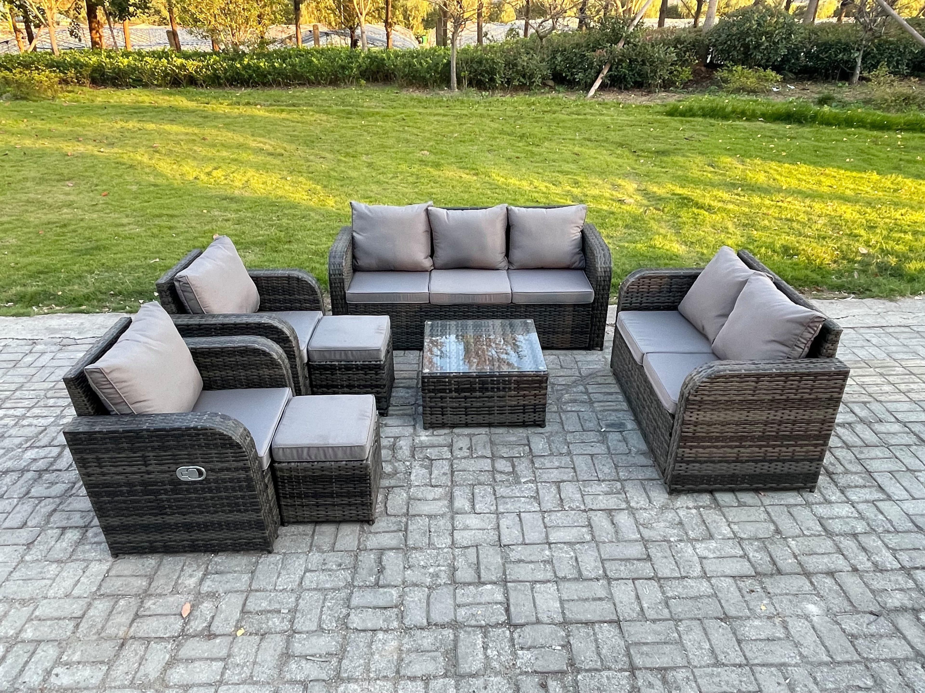9 Seater Garden Furniture Set Rattan Outdoor Lounge Sofa Chair Tempered Glass Table 2 Small Footstools Dark Grey Mixed