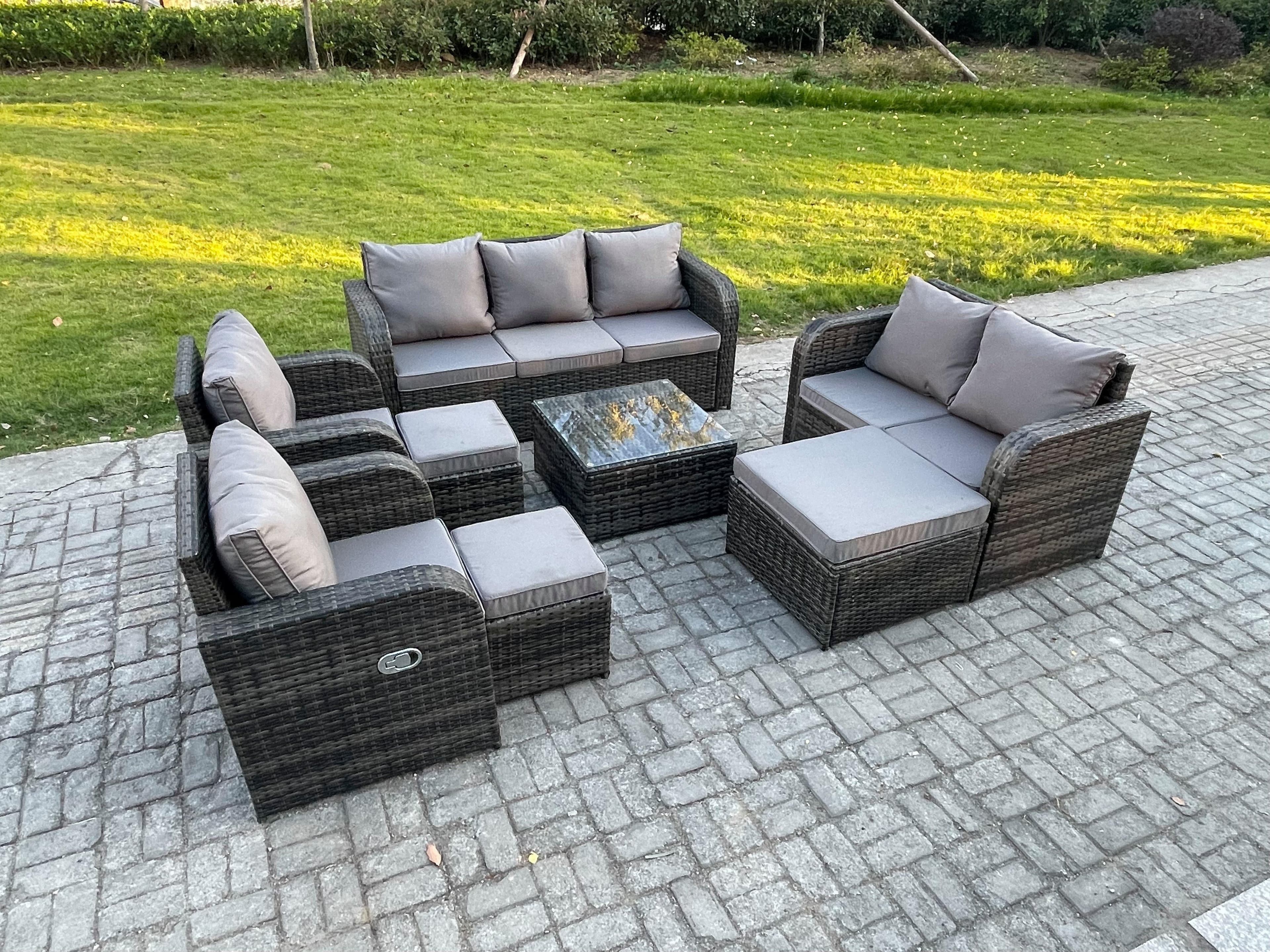 10 Seater Garden Furniture Set Rattan Outdoor Lounge Sofa Chair Tempered Glass Table 3 Footstools Dark Grey Mixed