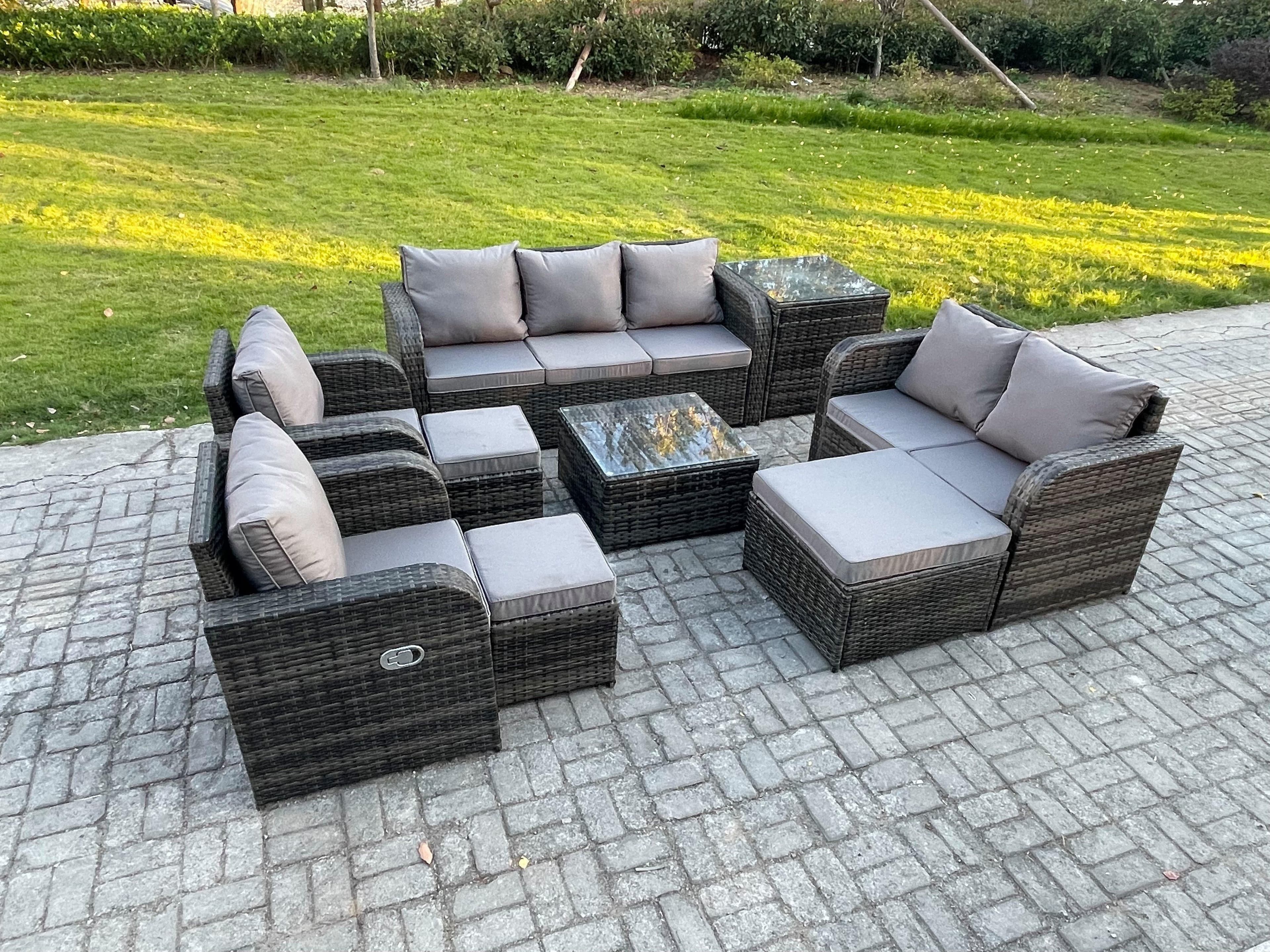 10 Seater Garden Furniture Set Rattan Outdoor Lounge Sofa Chair Tempered Glass Table 3 Footstools Side Table Dark Grey Mixed