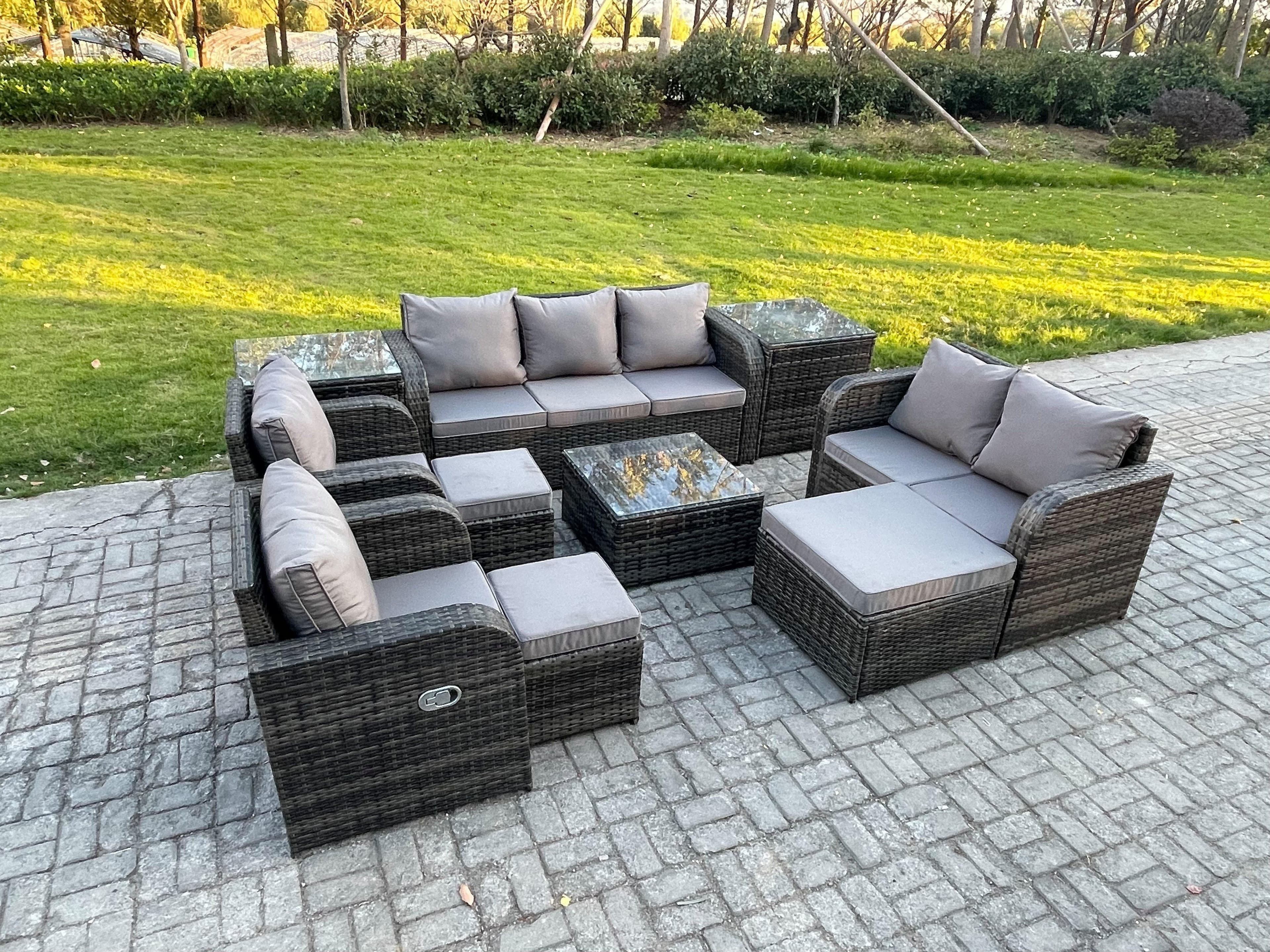 10 Seater Garden Furniture Set Rattan Outdoor Lounge Sofa Chair Tempered Glass Table 3 Footstools 2 Side Tables Dark Grey Mixed