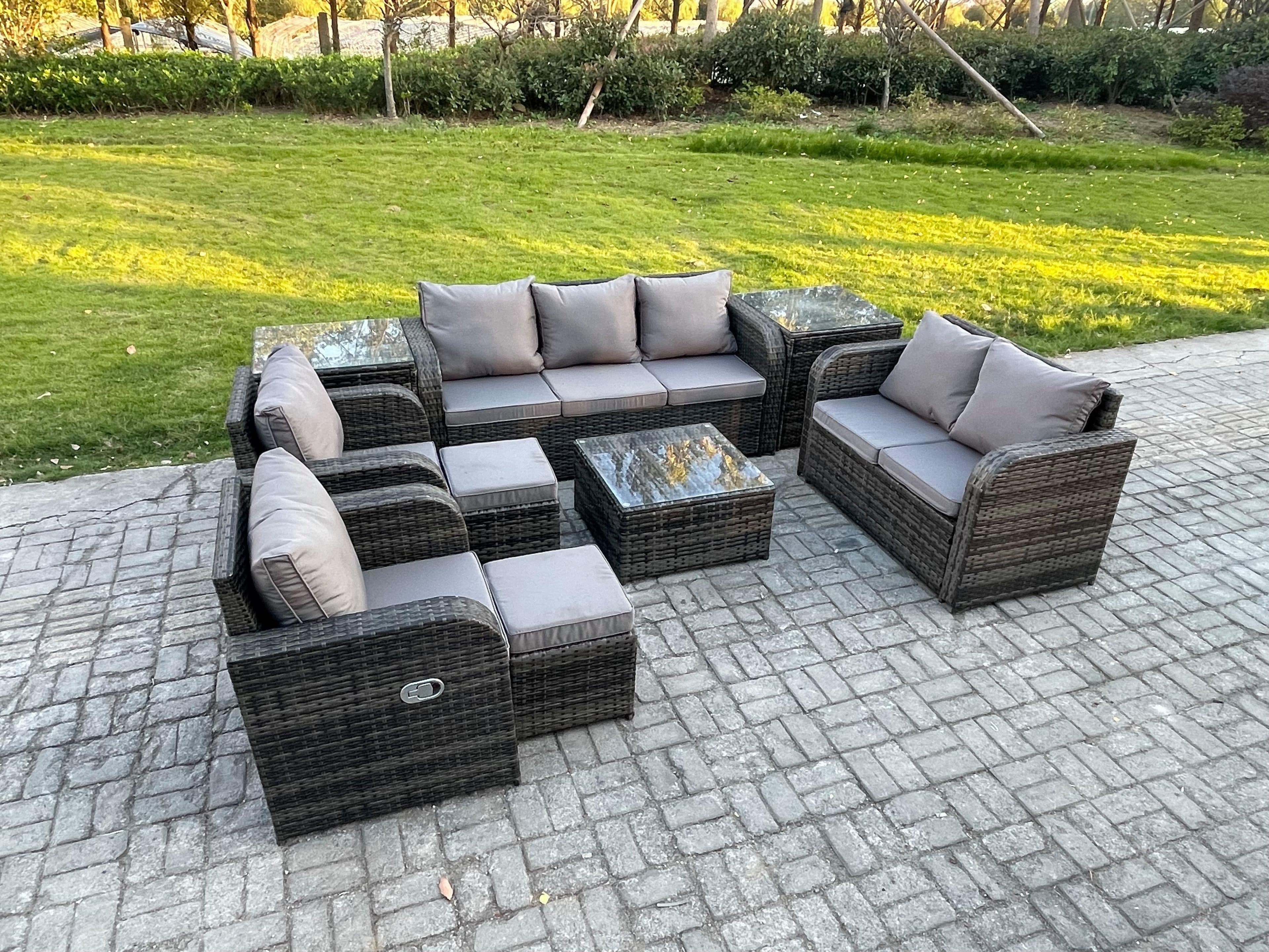 9 Seater Garden Furniture Set Rattan Outdoor Lounge Sofa Chair Tempered Glass Table 2 Small Footstools 2 Side Tables Dark Grey Mixed